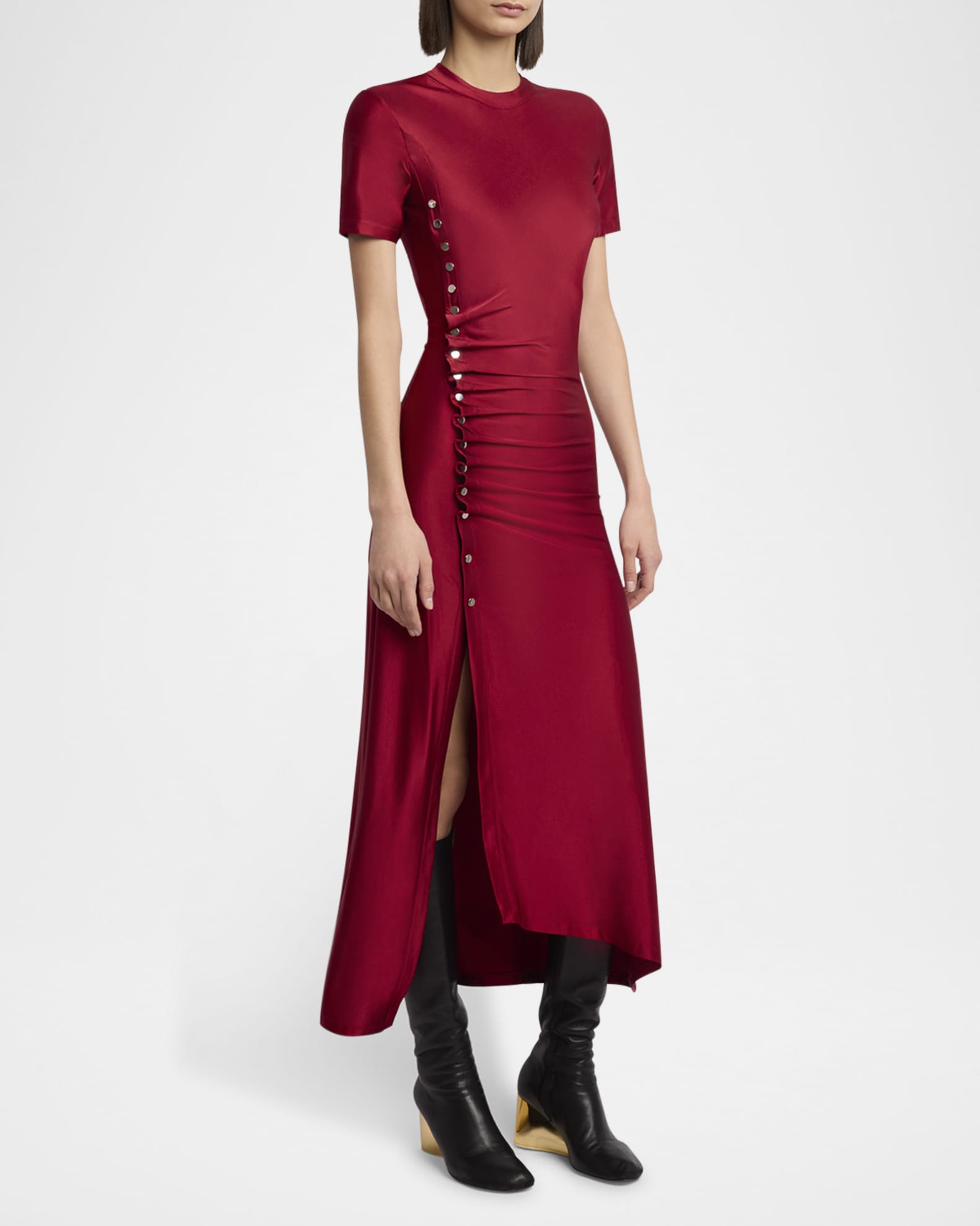 Rabanne Side Button Ruched Midi Dress Neiman Marcus