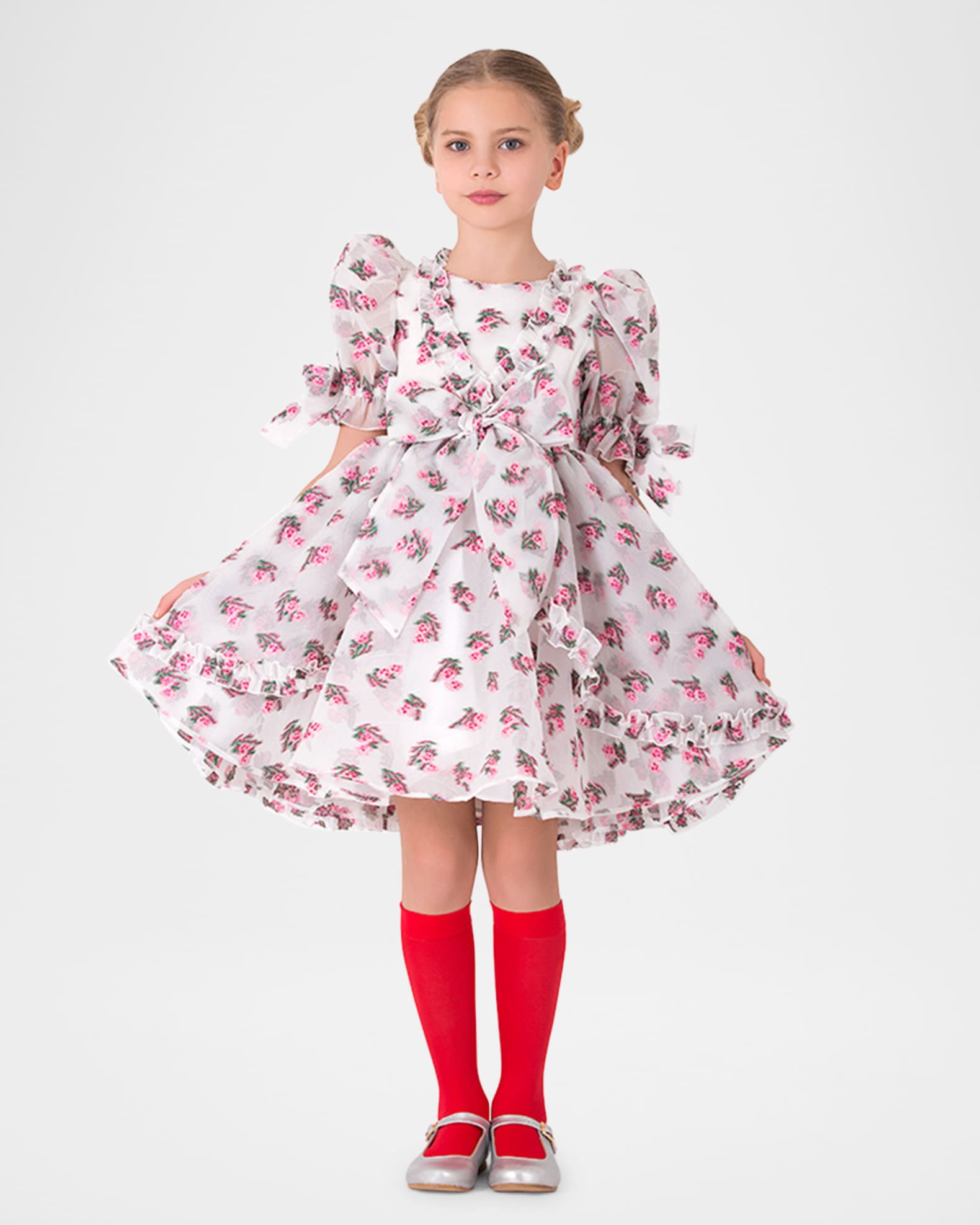 Girl's Puff Sleeve Floral-Print Dress, Size 3T-12 1