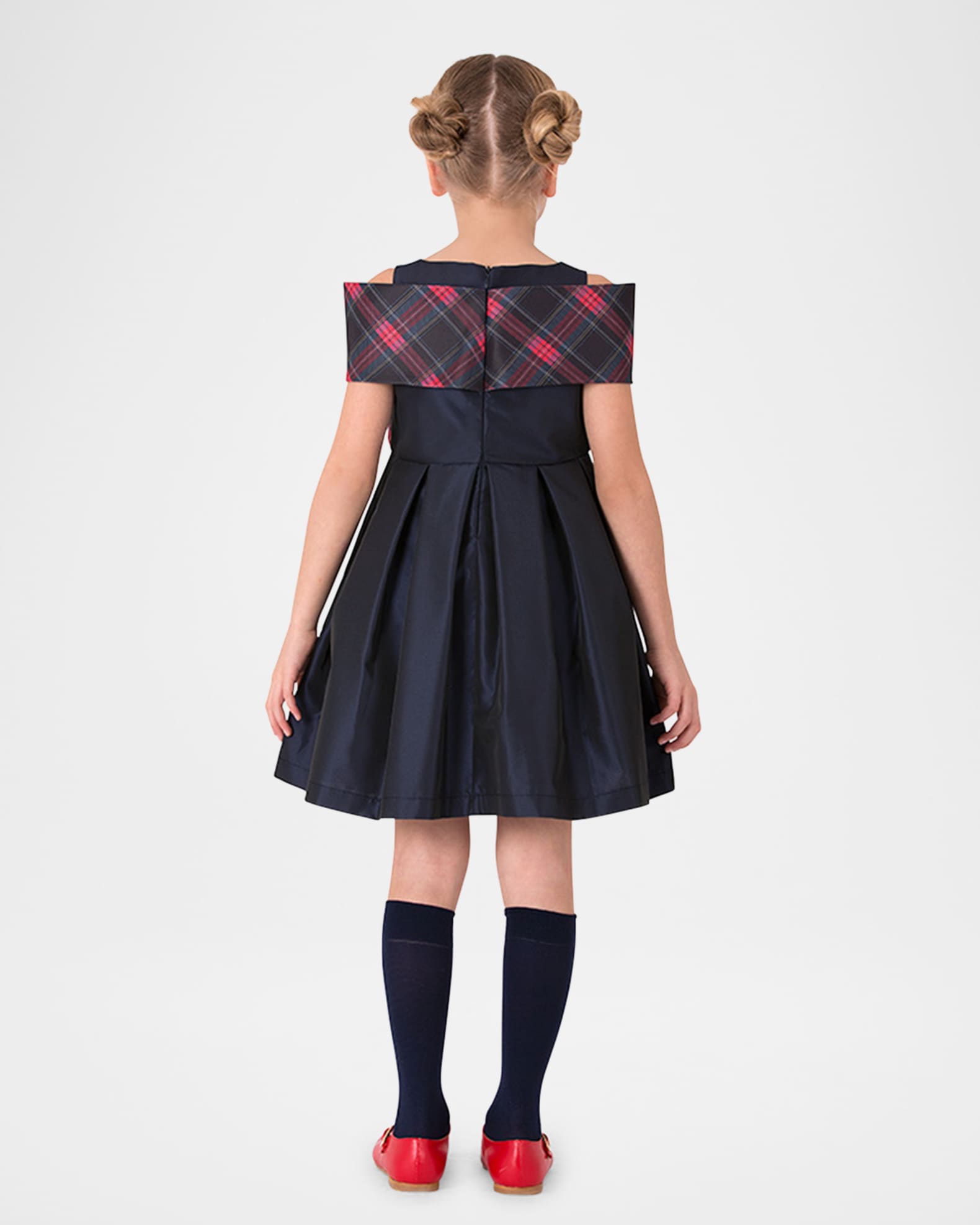 Girl's Pleated Dress W/ Plaid-Print Bow, Size 3T-12 1