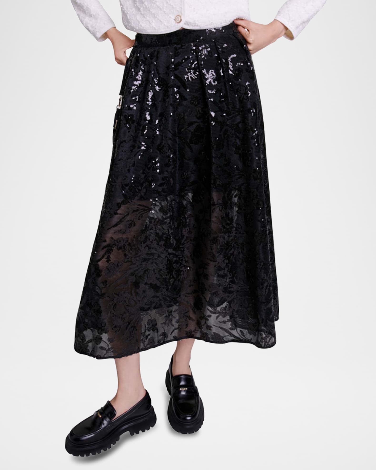 Maje Jupon Floral Sequined Midi Skirt Neiman Marcus