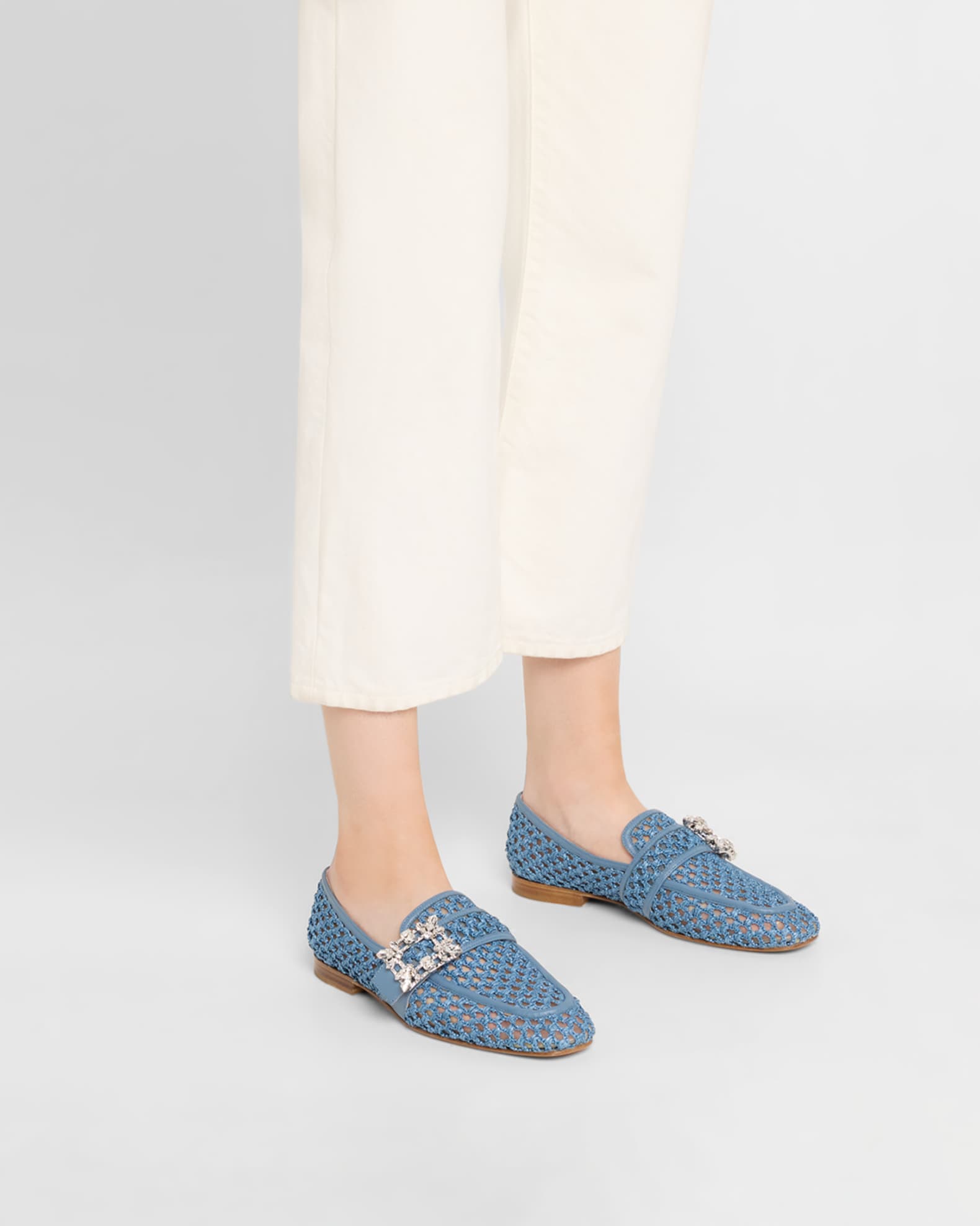 Raffia Crystal Buckle Loafers 1