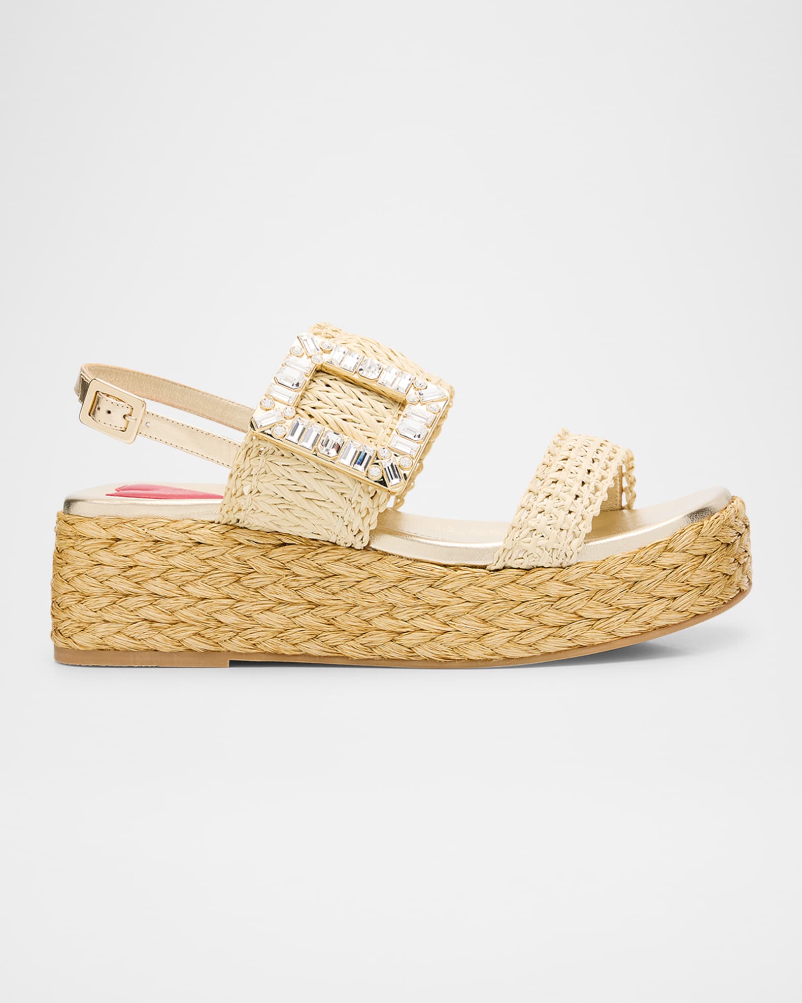 Roger Vivier Raffia Crystal Buckle Platform Sandals | Neiman