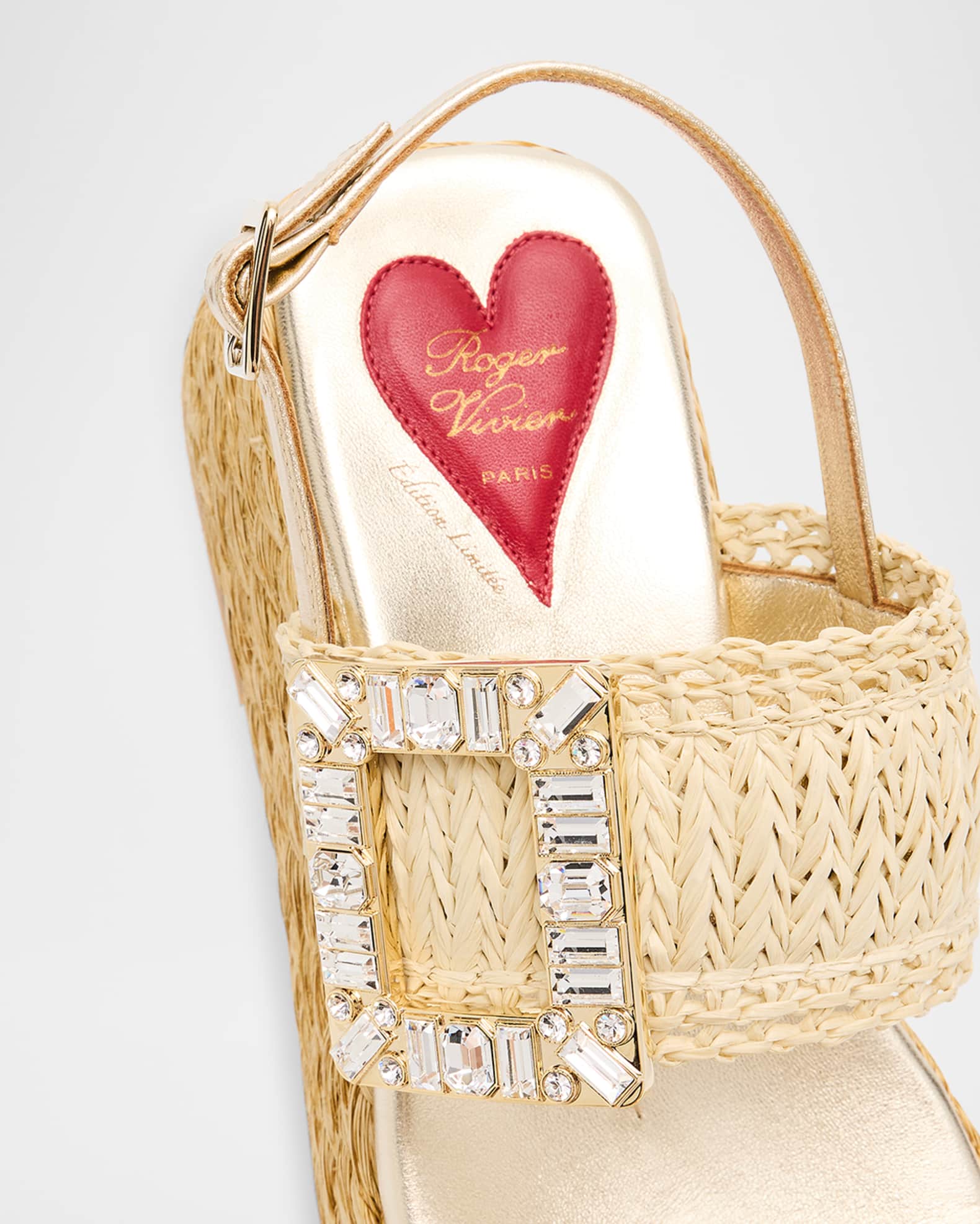 Roger Vivier Raffia Crystal Buckle Platform Sandals | Neiman