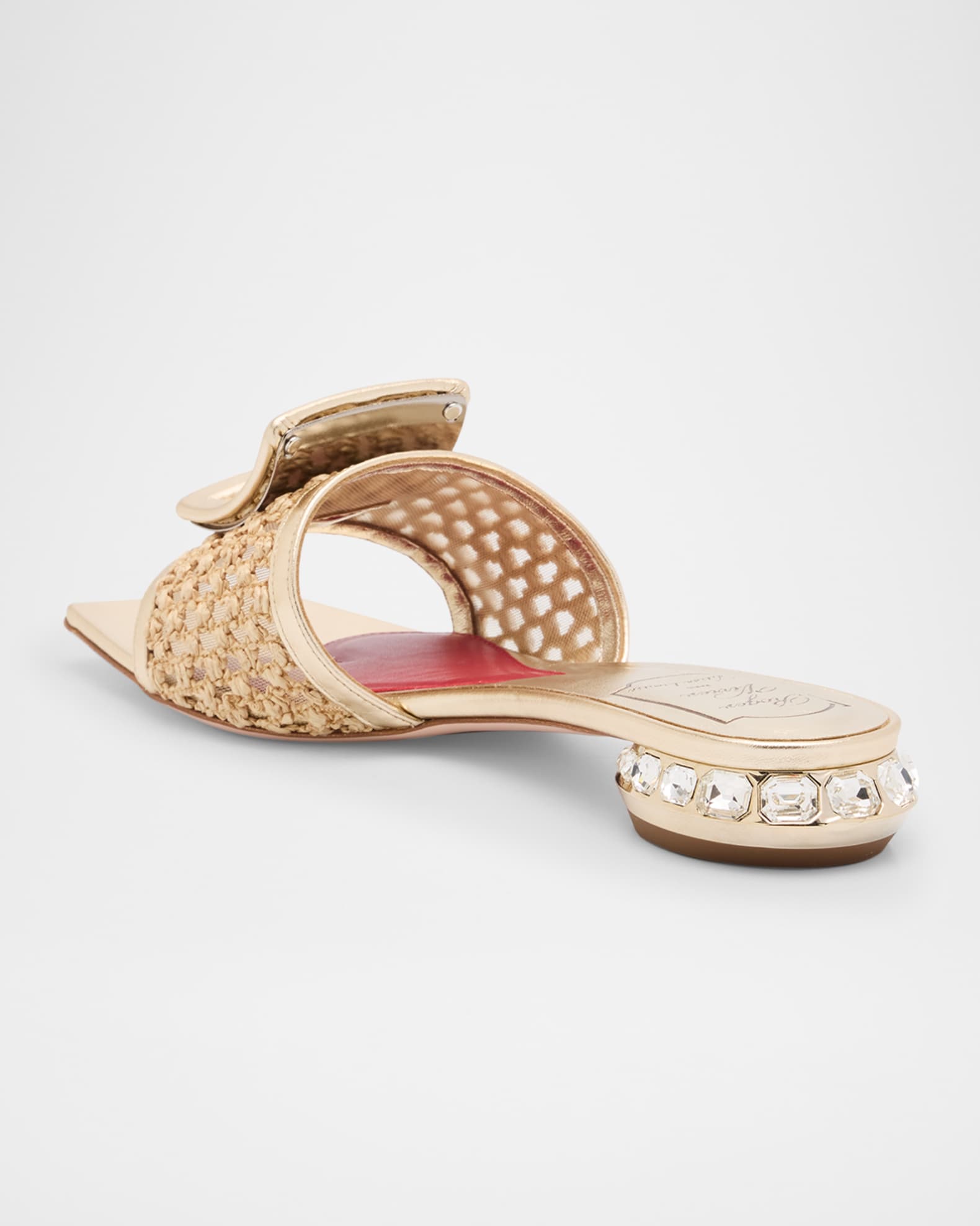 Roger Vivier Leather & Raffia Jewel Slide Mules | Neiman Marcus
