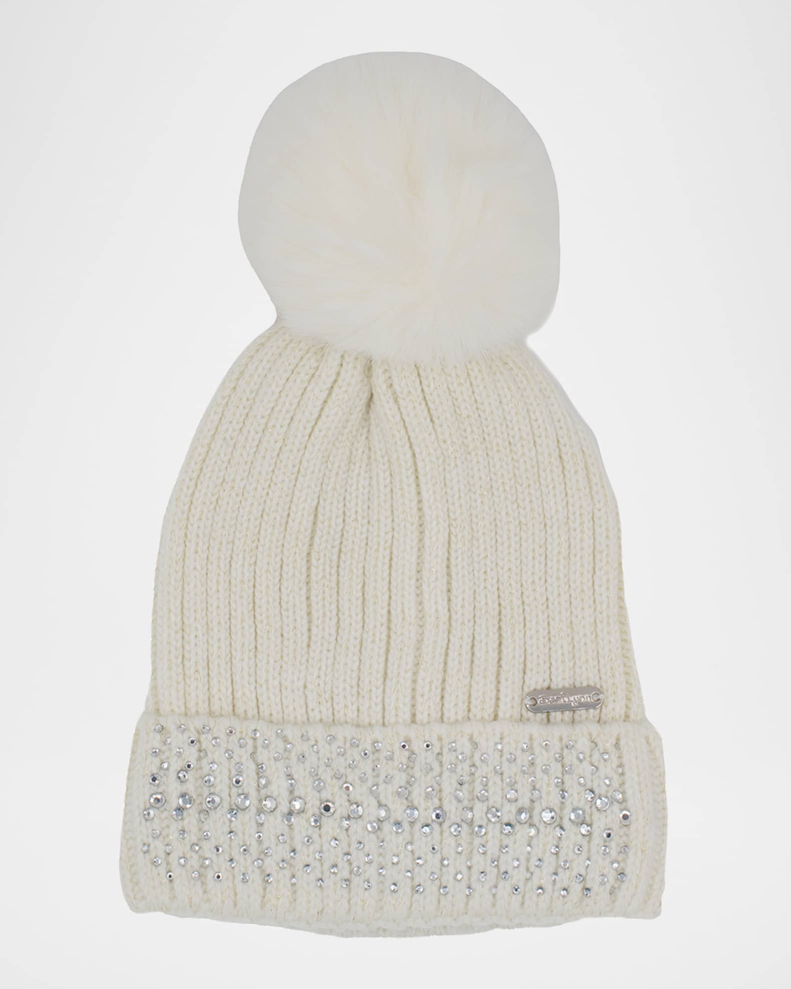 Girl's Crystalized Beanie with Faux Fur Pom  Pom 0