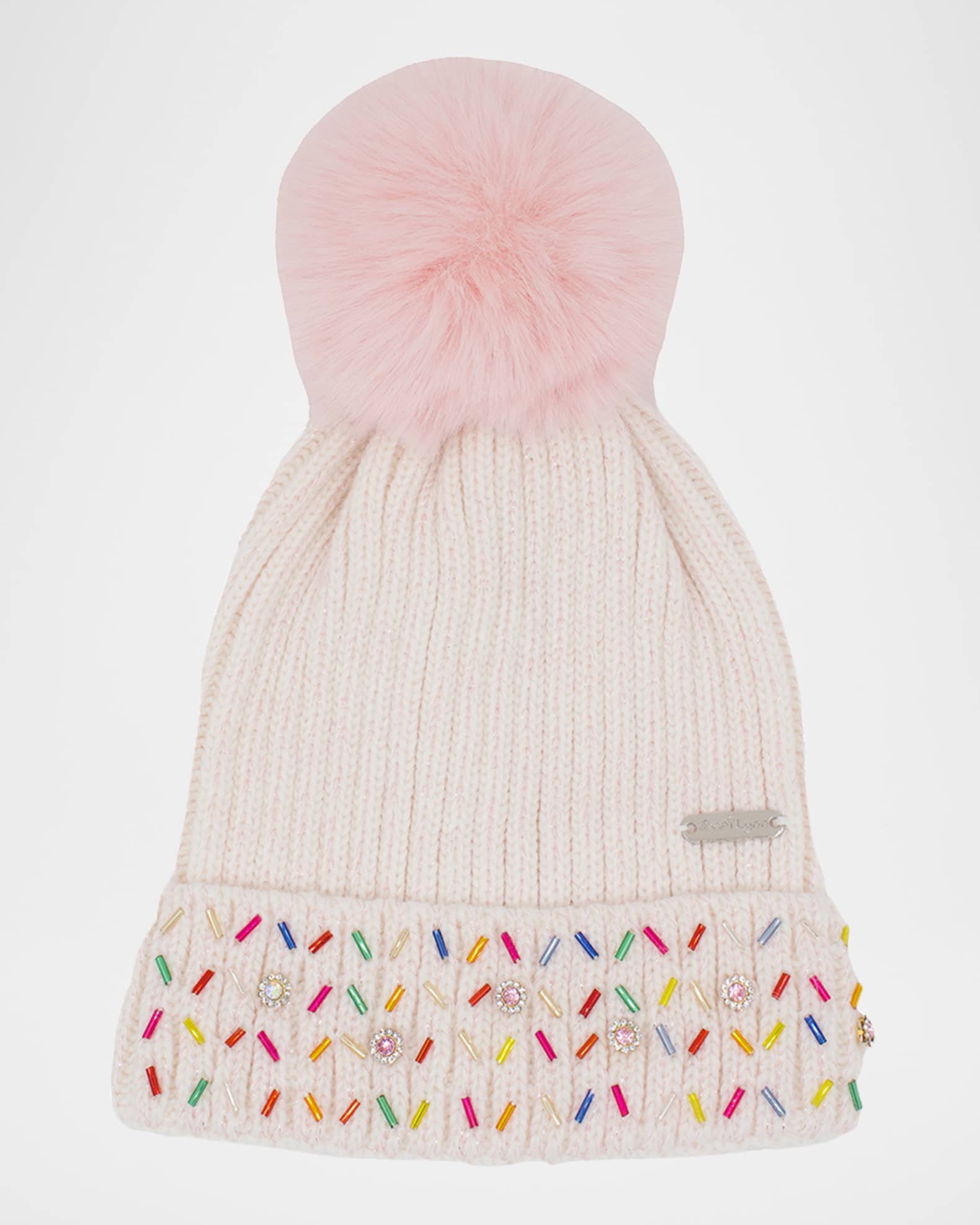 Girl's Crystalized Beanie with Faux Fur Pom Pom 0