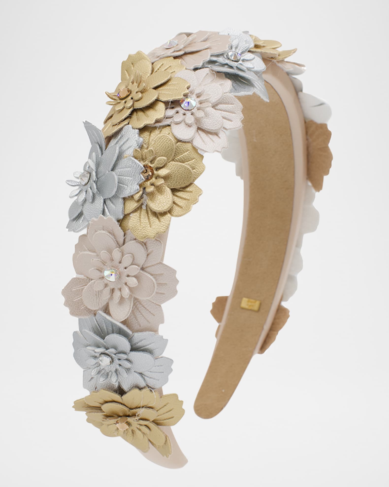Girl's Headband W/ Faux Leather Metallic Flowers 0
