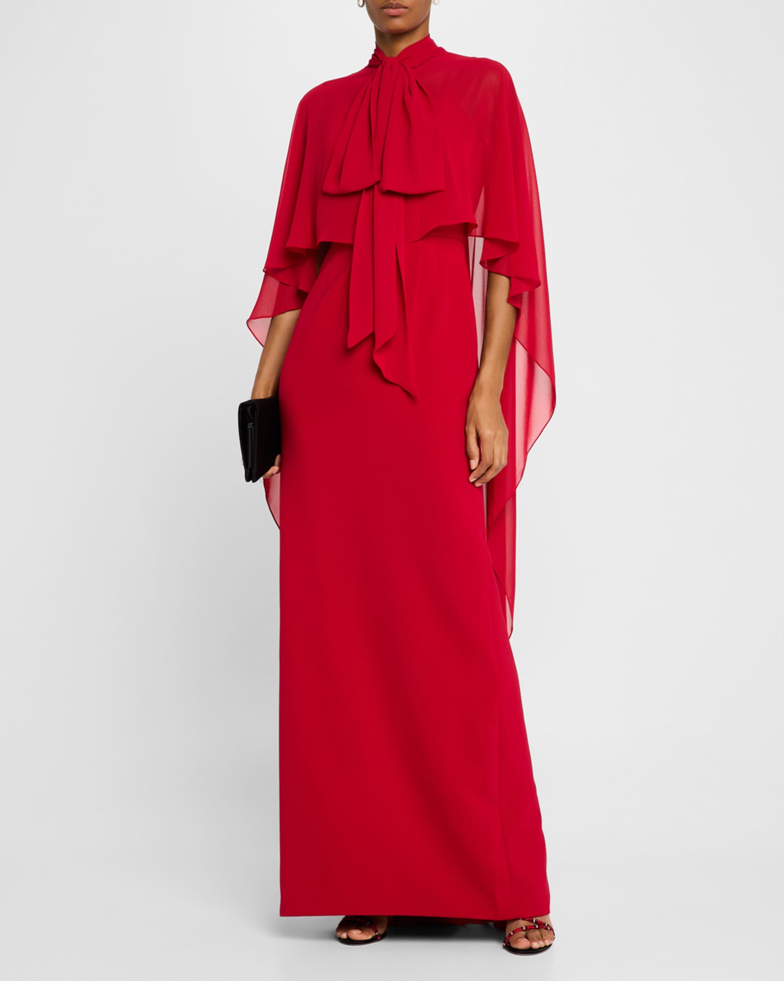 Draped Tie-Neck Cape Column Gown 1