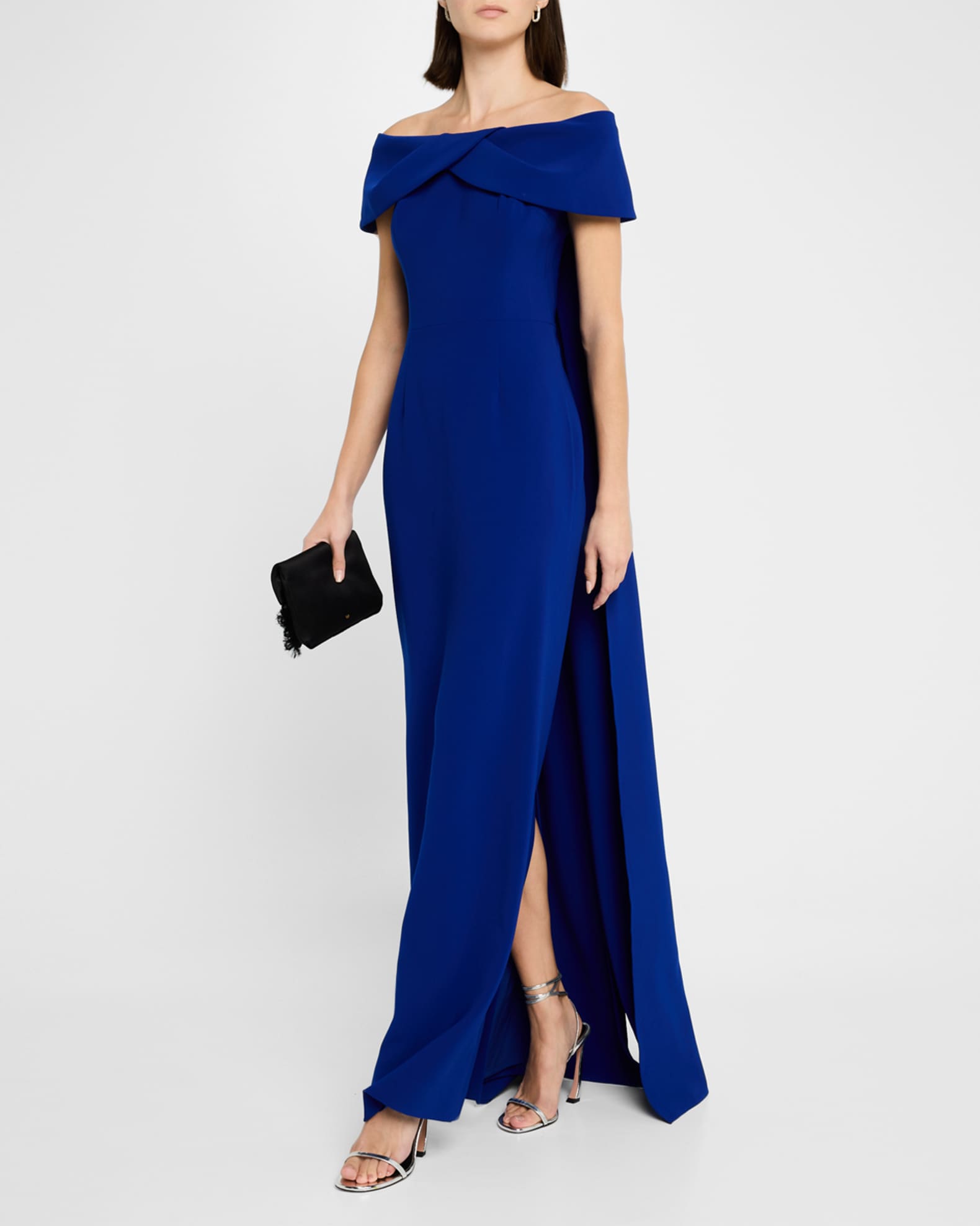 Rickie Freeman for Teri Jon Draped Off Shoulder Crepe Gown Royal Blue