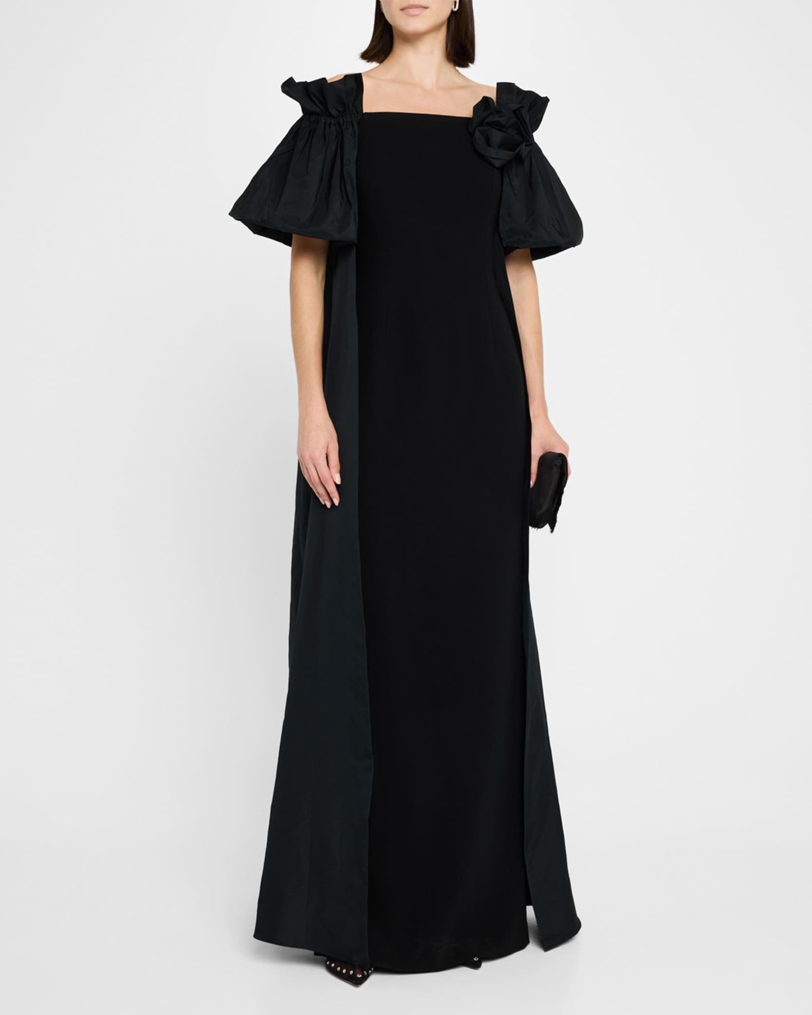 Rickie Freeman for Teri Jon Off-Shoulder Taffeta Crepe Cape Gown