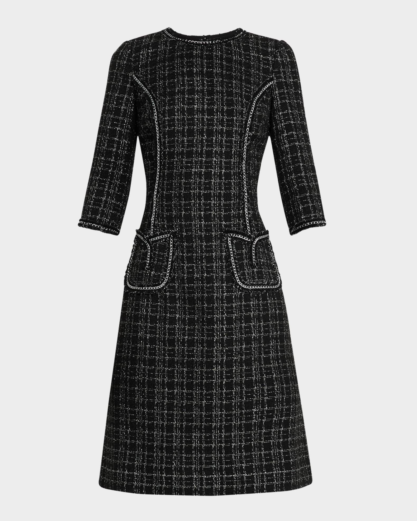 Chain-Trim Metallic Plaid Boucle Dress 0