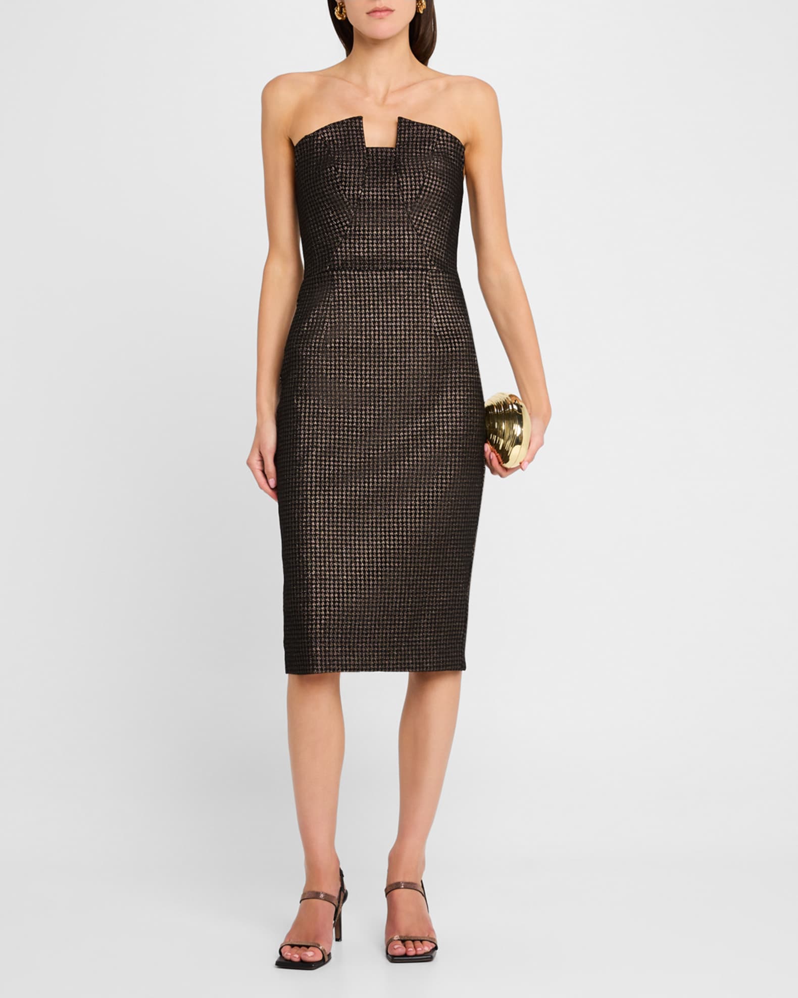 Black Halo Lena Strapless Metallic Midi Sheath Dress | Neiman Marcus