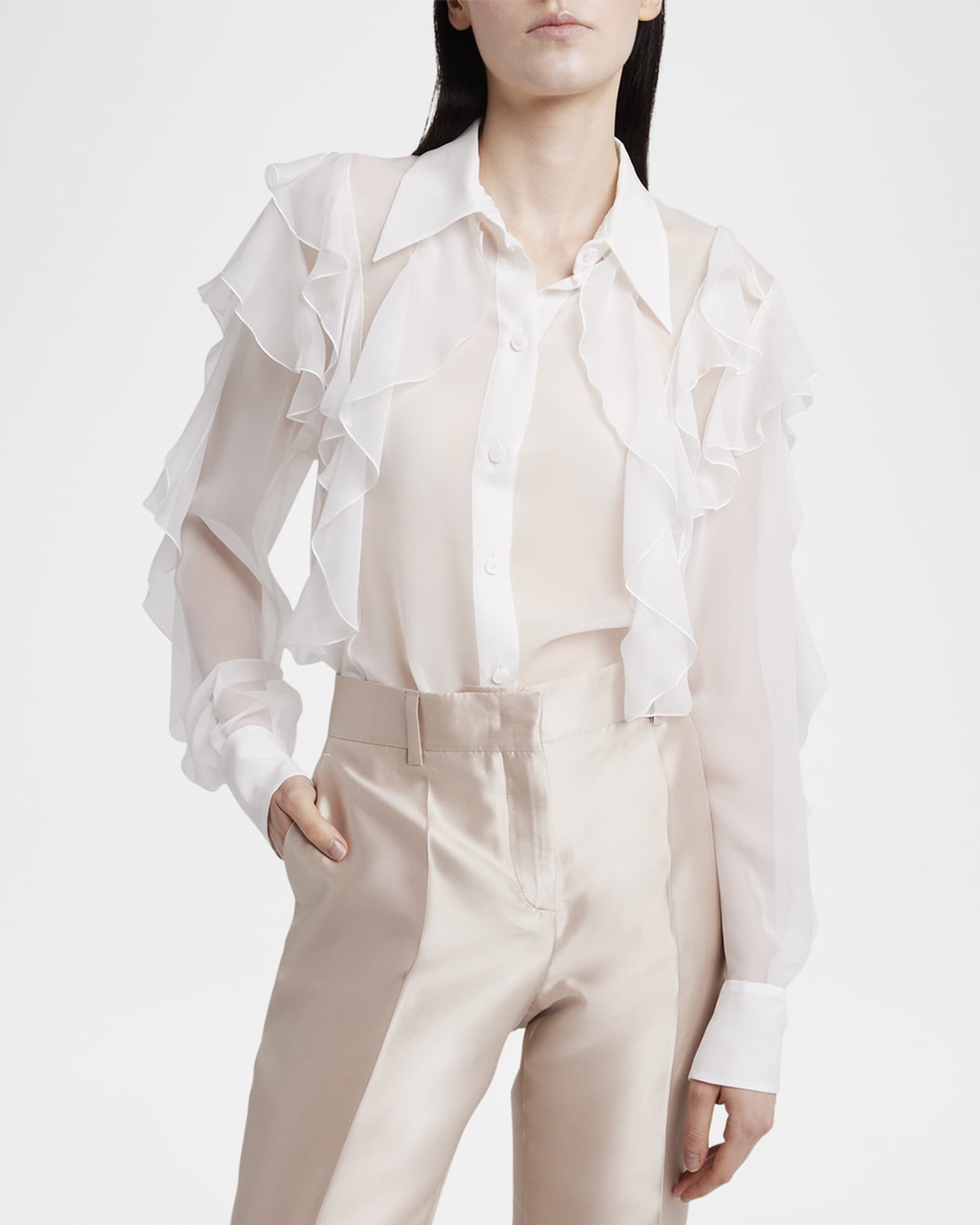 White chiffon button down blouse on sale