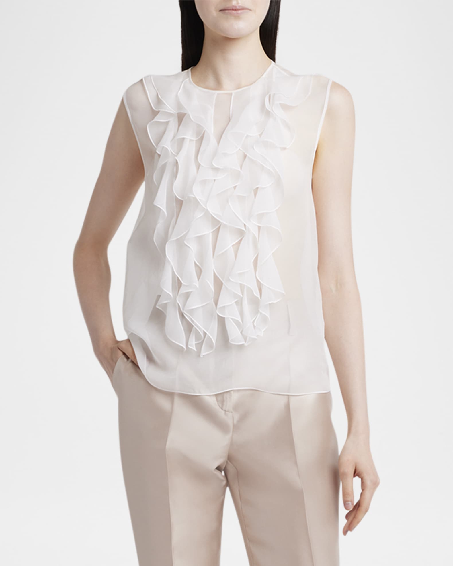 Alberta Ferretti Ruffle Bib Sleeveless Silk Blouse | Neiman Alberta Ferretti Ruffle Bib Sleeveless Silk Blouse | Neiman