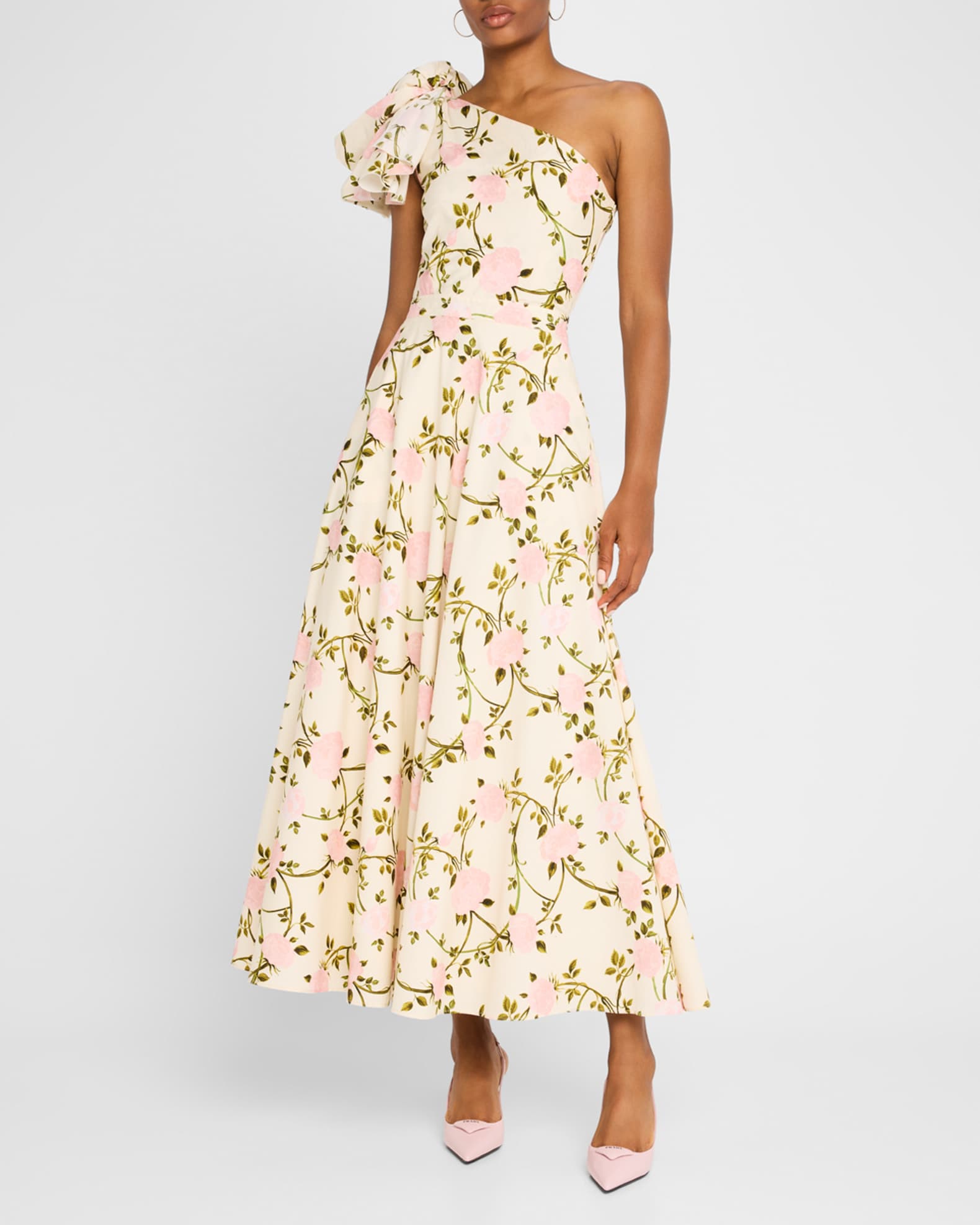 Floral-Print Bow One-Shoulder Midi Dress