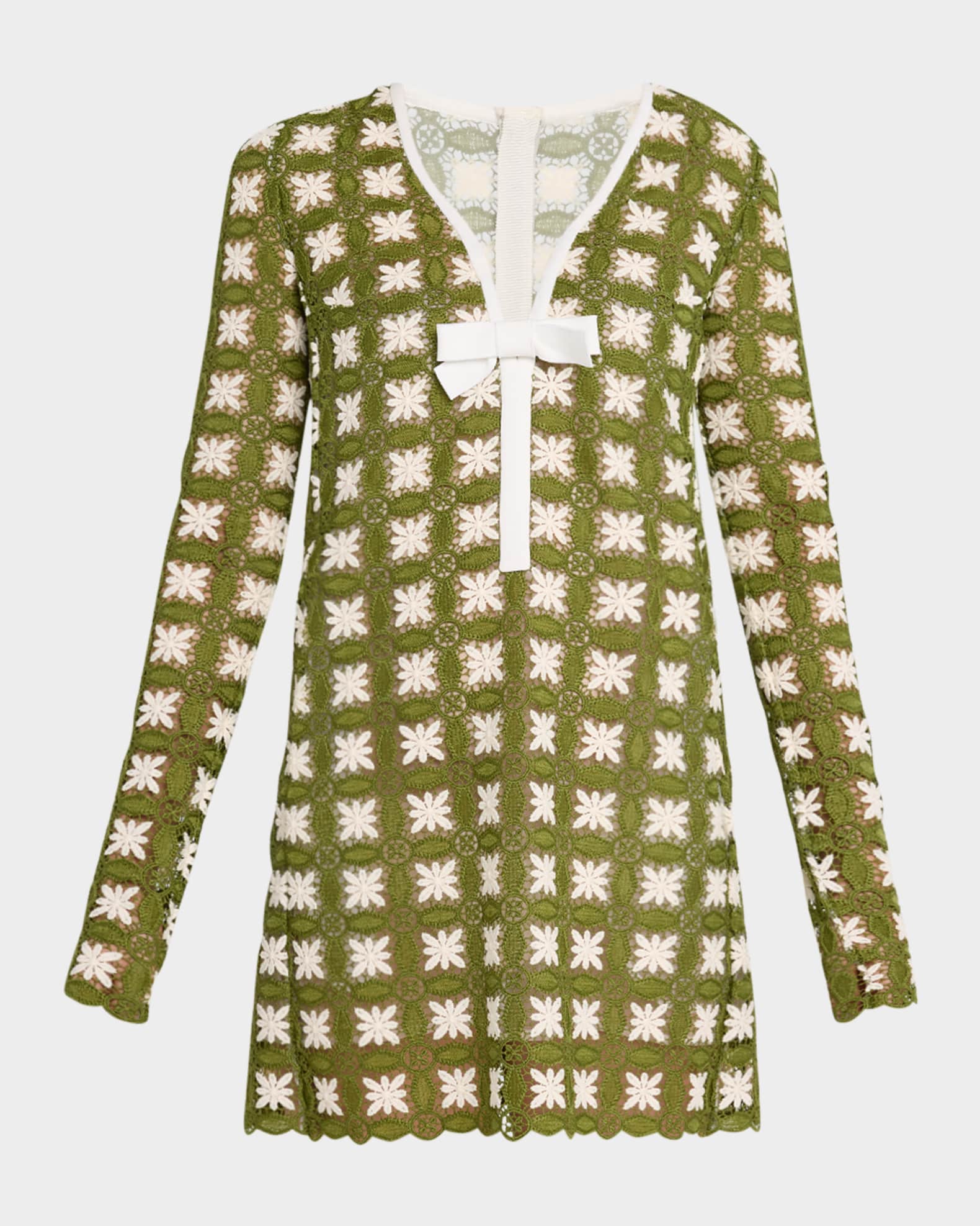 Giambattista Valli Crochet Knit Long-Sleeve Mini Dress, Ivorygreen, Women's, 6, Casual & Work Dresses Knit Dresses