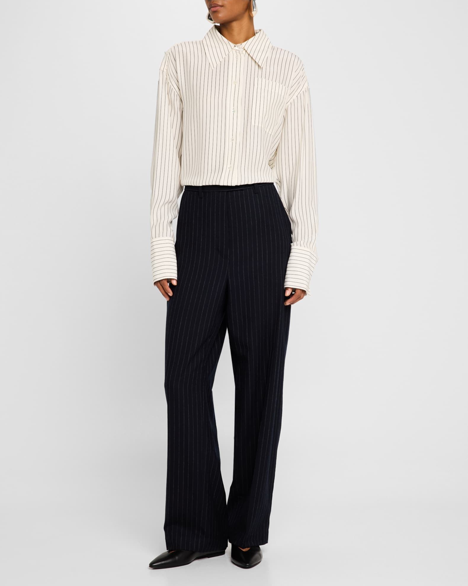 Pinstripe Straight Leg Wool Pants 1