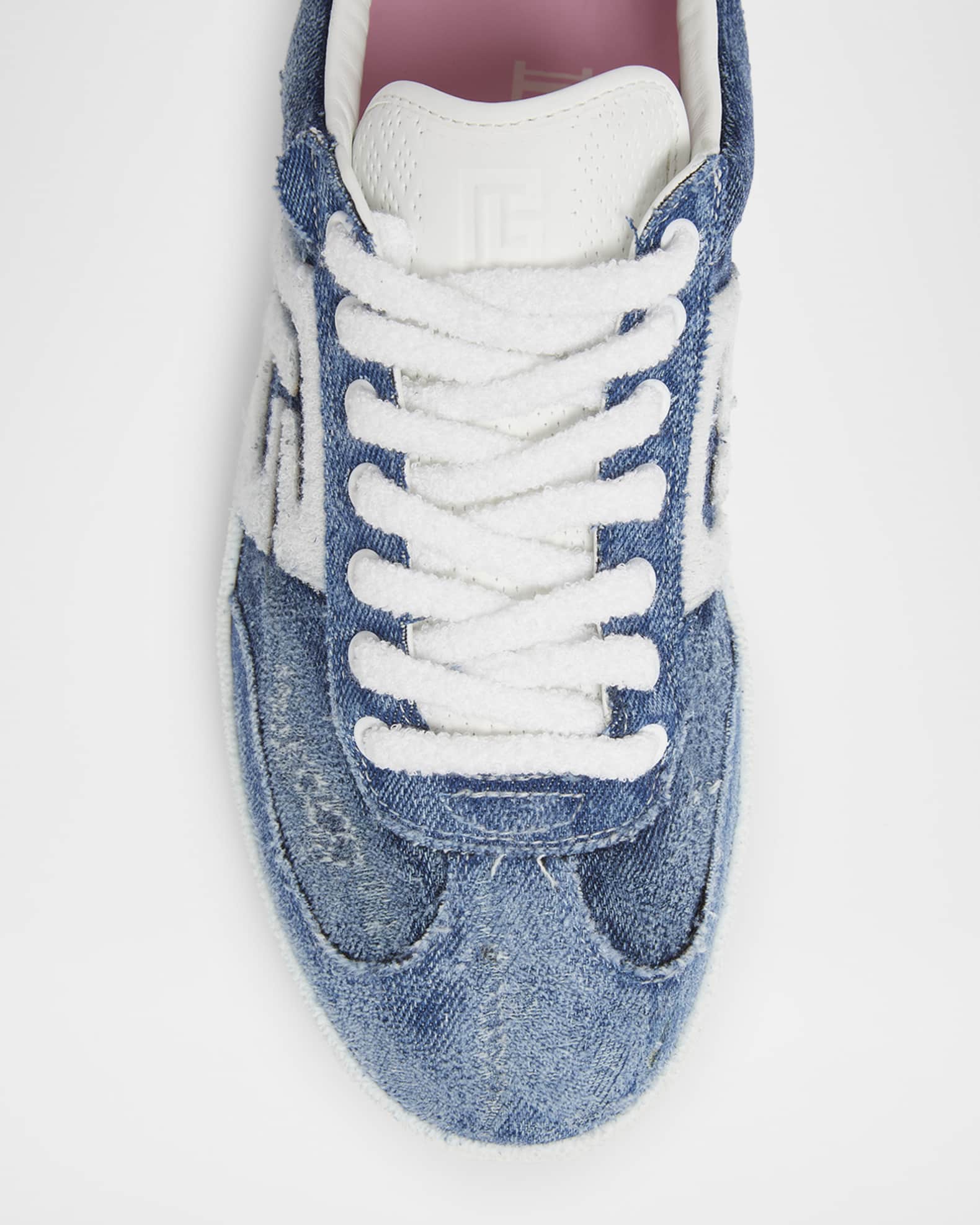 Balmain Swan Destroyed Denim Low-Top Sneakers | Neiman Marcus