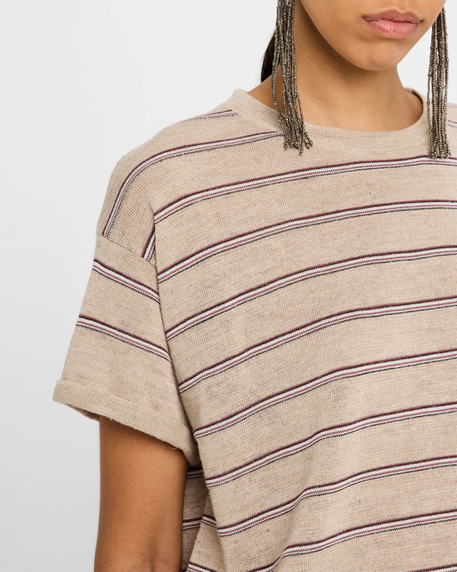 Brunello Cucinelli Metallic Striped Linen Knit T-Shirt