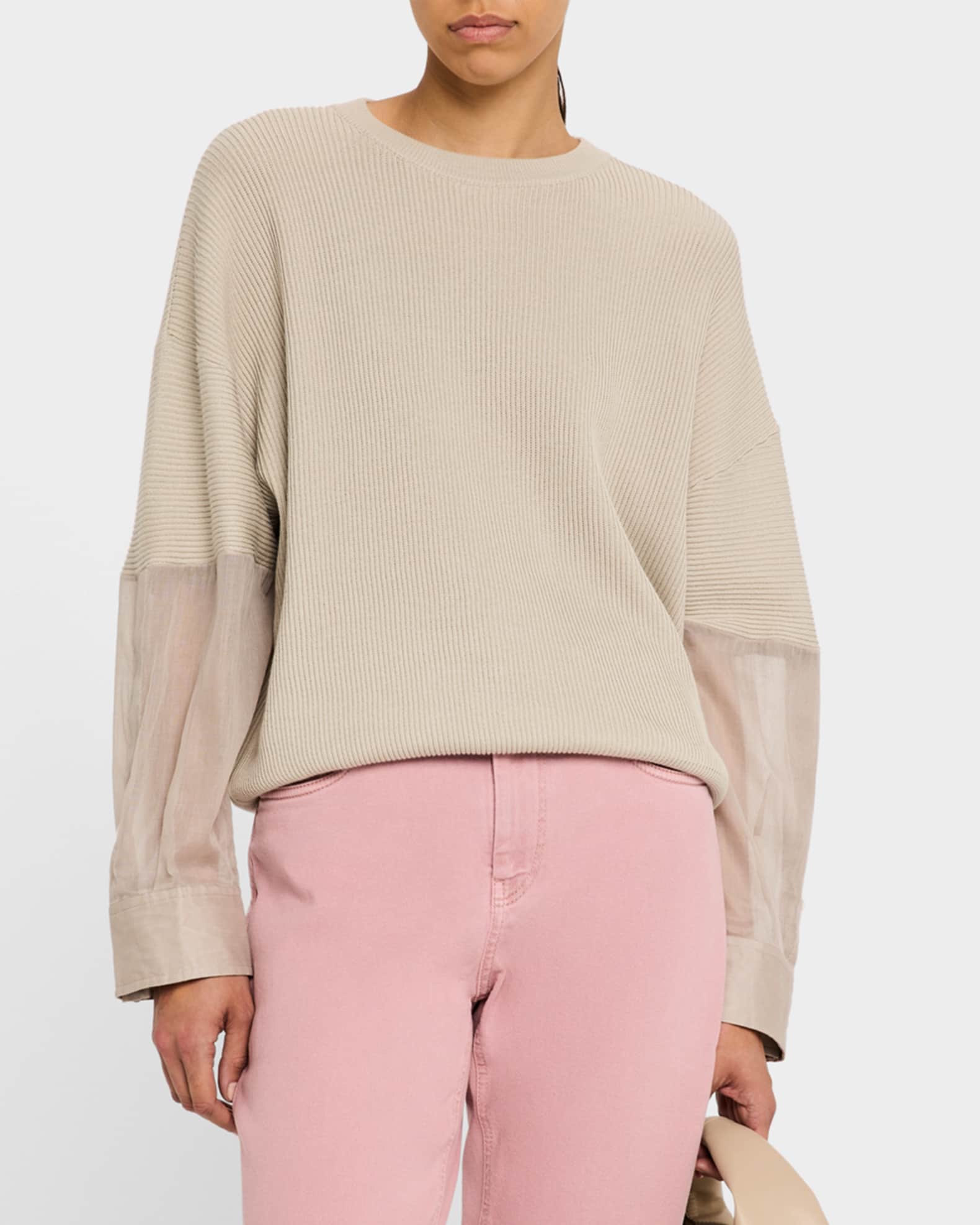 Brunello Cucinelli Organza-Sleeve Cotton English Rib Sweater