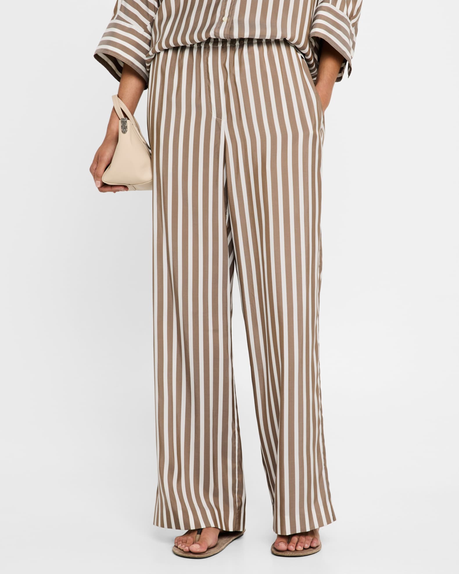 Brunello Cucinelli Striped Silk Wide-Leg Pull-On Pants