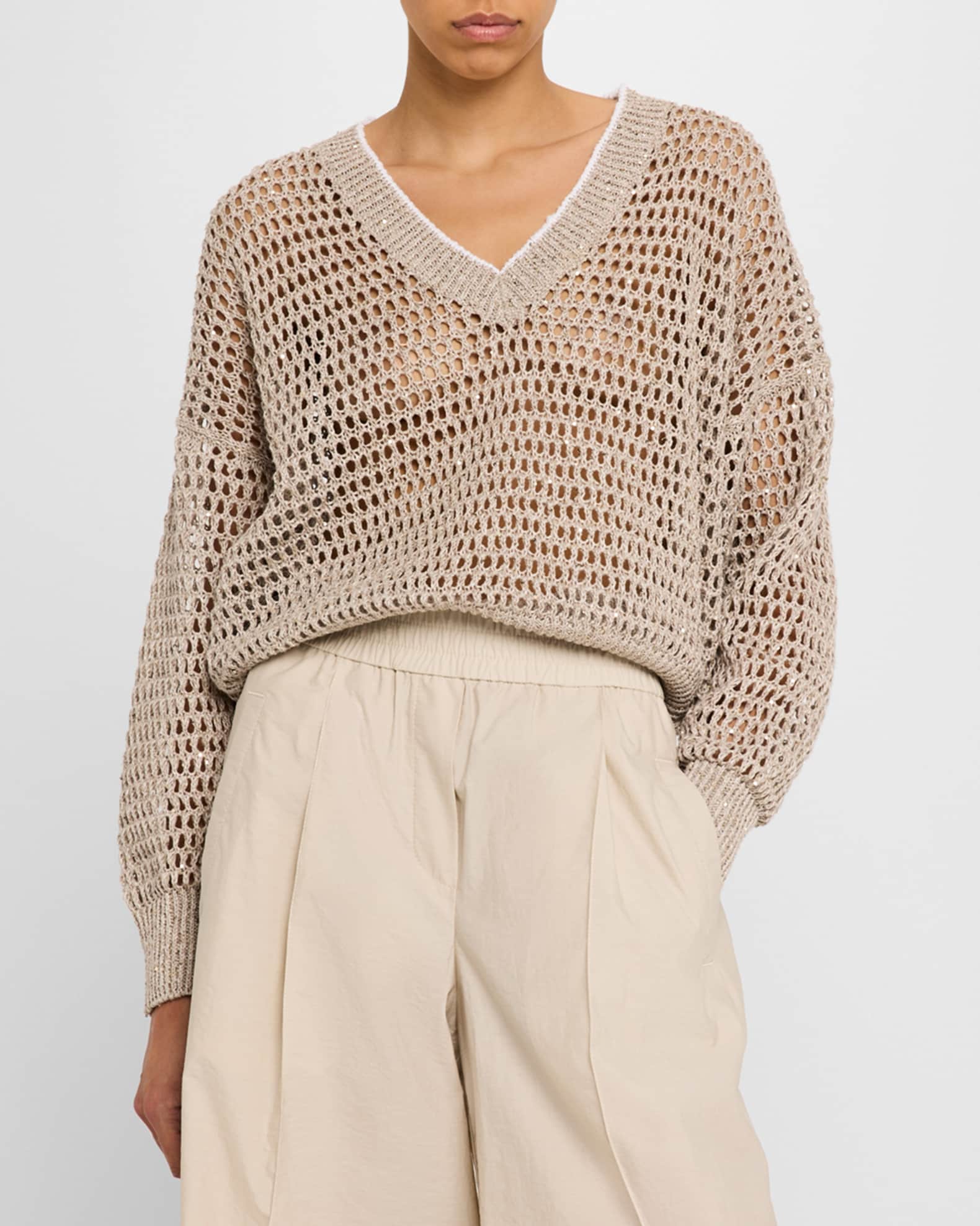 Brunello Cucinelli Paillette Open Knit V-Neck Sweater