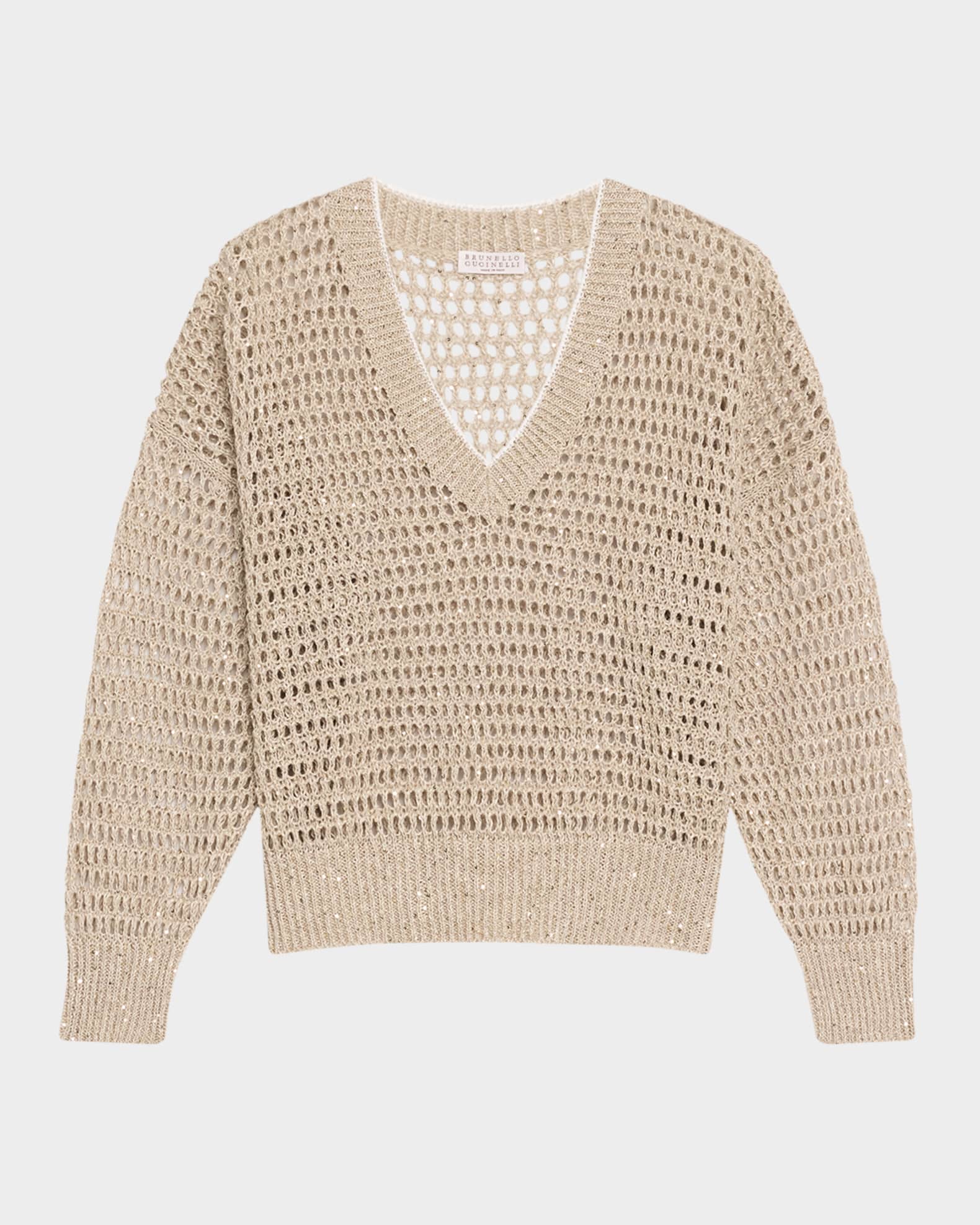 Paillette Open Knit V-Neck Sweater 0