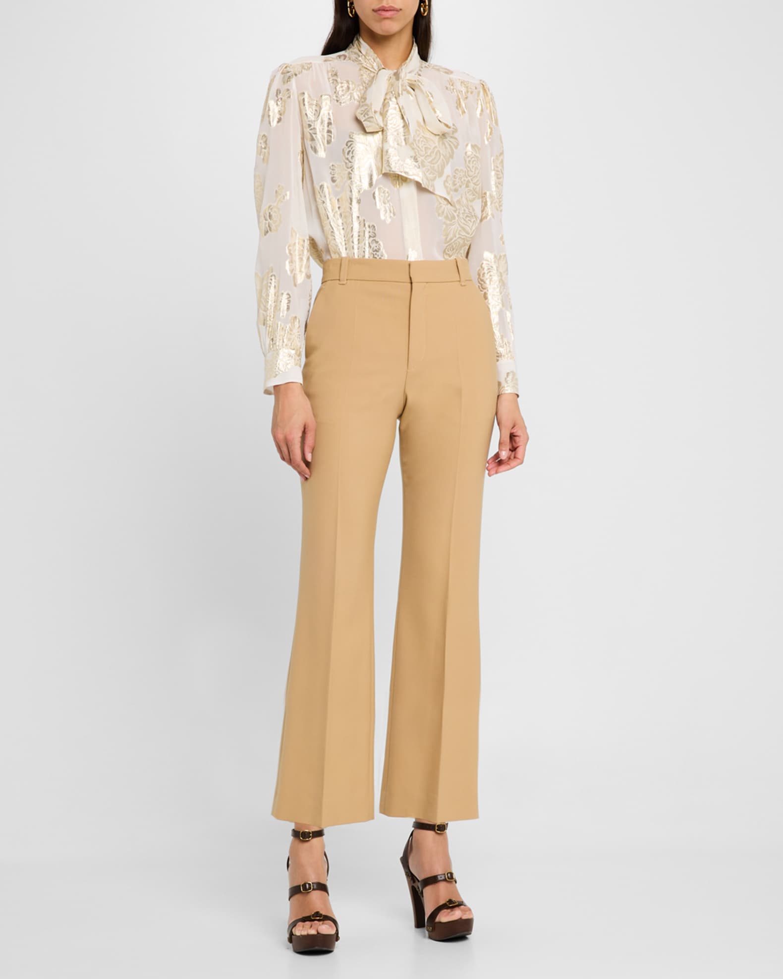 Chloe Metallic Floral Silk Scarf-Neck Top | Neiman Marcus