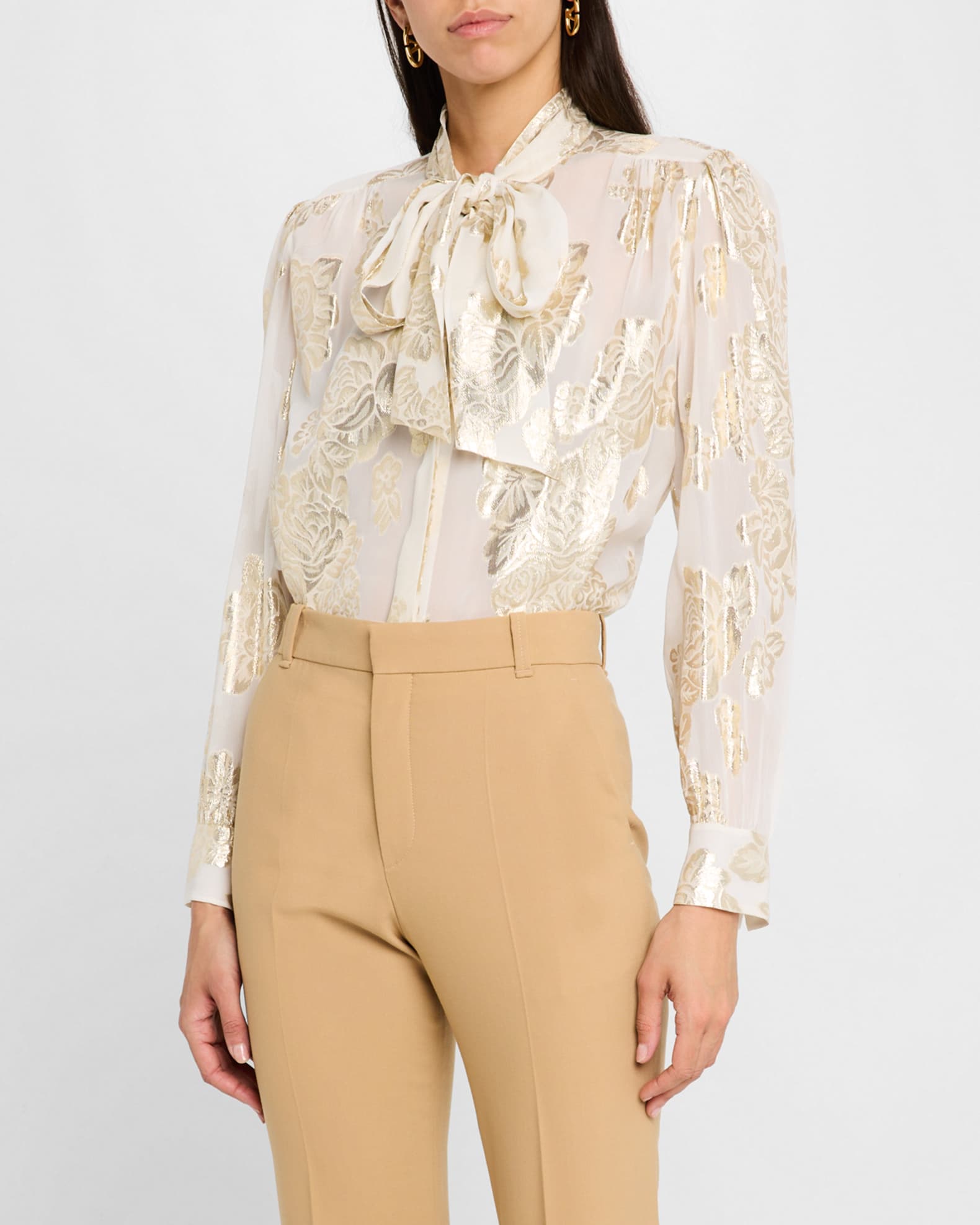 Chloe Metallic Floral Silk Scarf-Neck Top | Neiman Marcus
