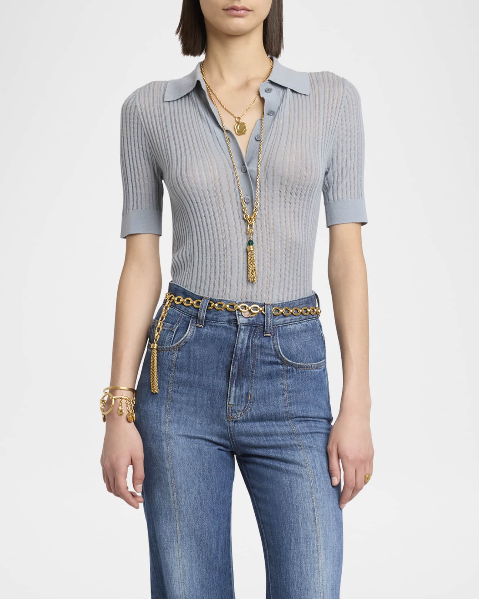 Chloe Short-Sleeve Wool Knit Polo Shirt | Neiman Marcus