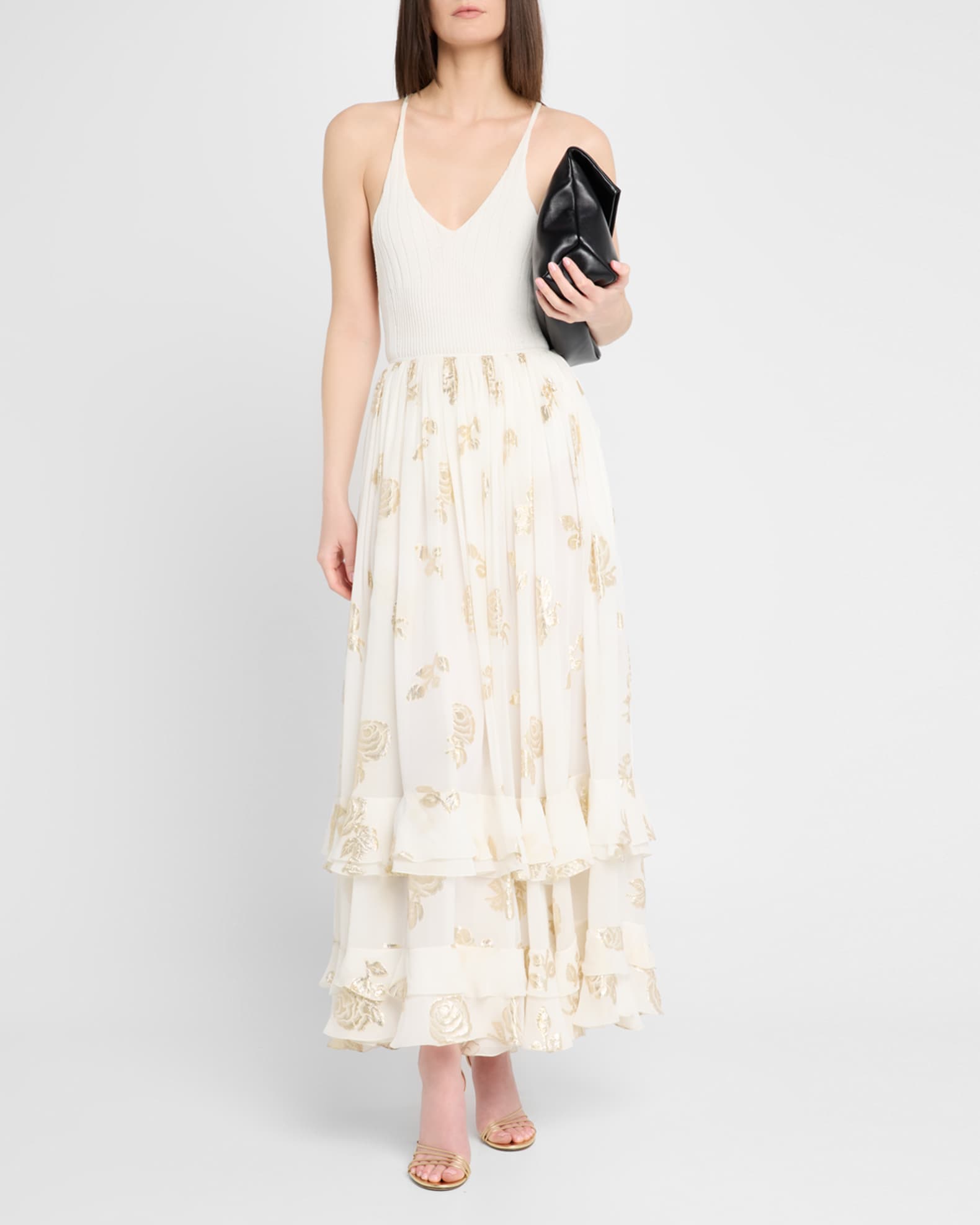 Metallic Floral Silk Tiered-Ruffle Maxi Skirt 1