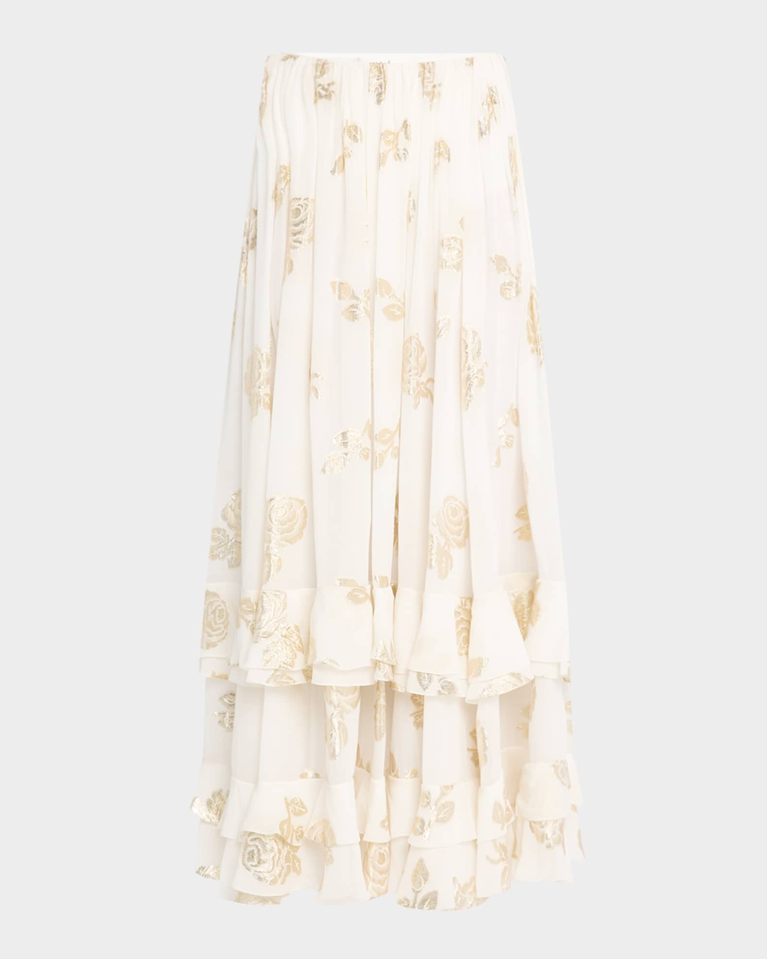 Metallic Floral Silk Tiered-Ruffle Maxi Skirt 0
