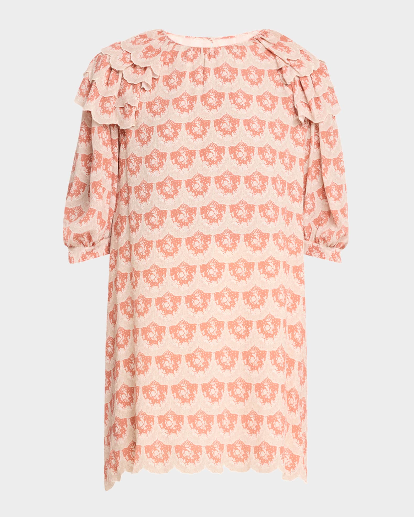 Floral Ruffled Scallop Silk Mini Dress 0