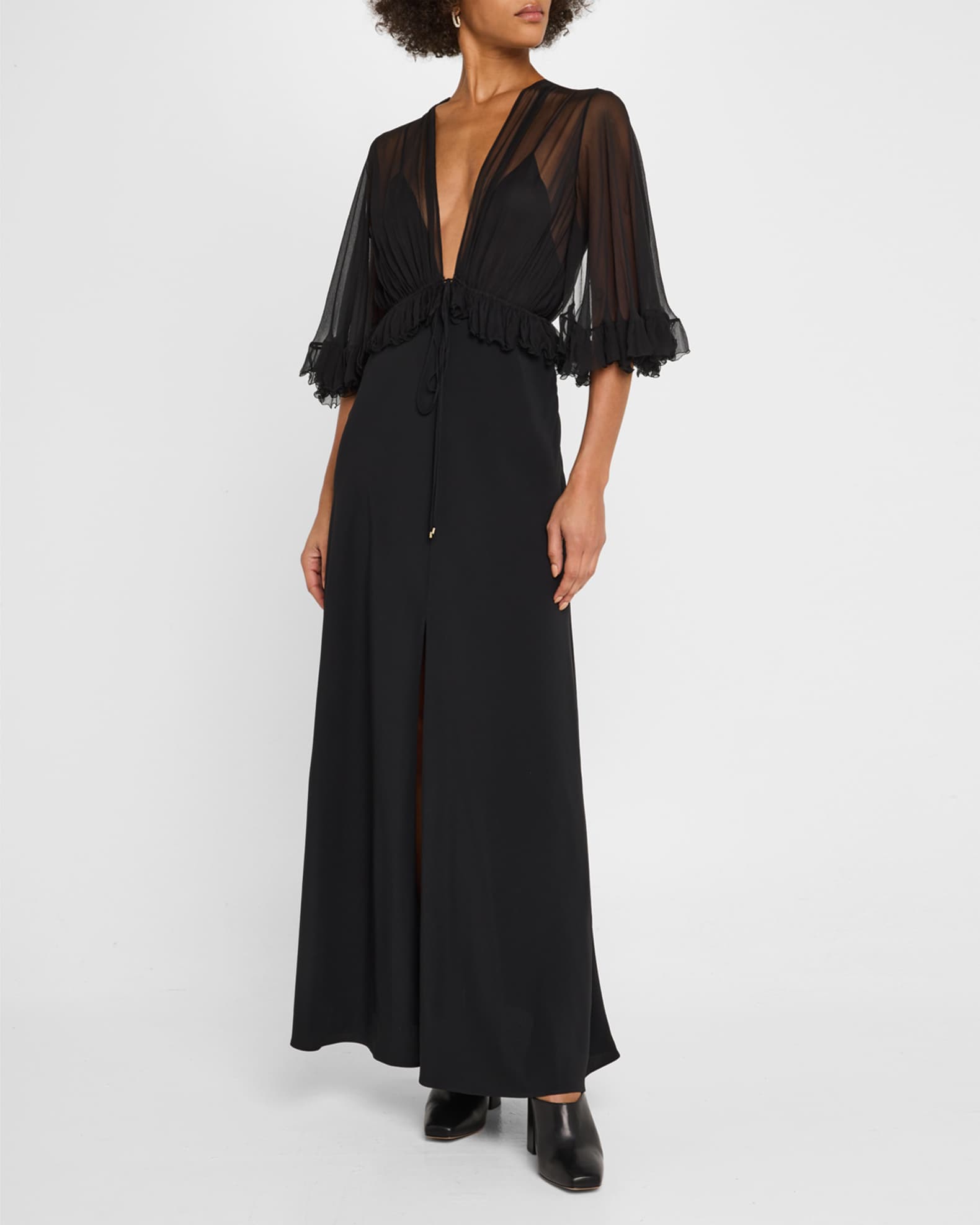 ワンピース CHLOE MAXI BLACK DRESS WITH LIGHTWEIGHT SILK RUFFLES Chloe Ruffle Shrug Silk Maxi Dress | Neiman Marcus