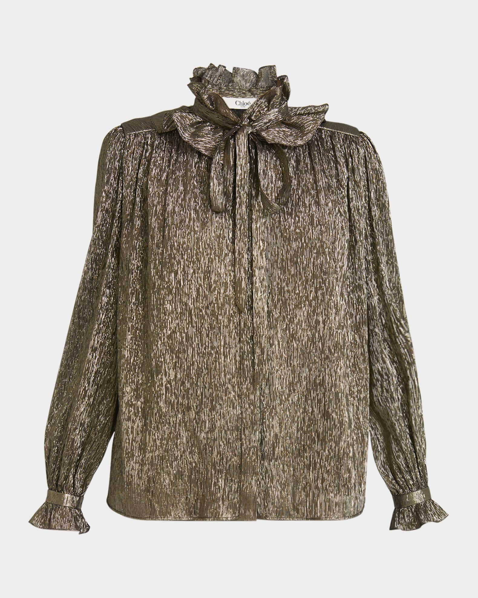 Metallic Silk Ruffle Neck-Tie Top 0