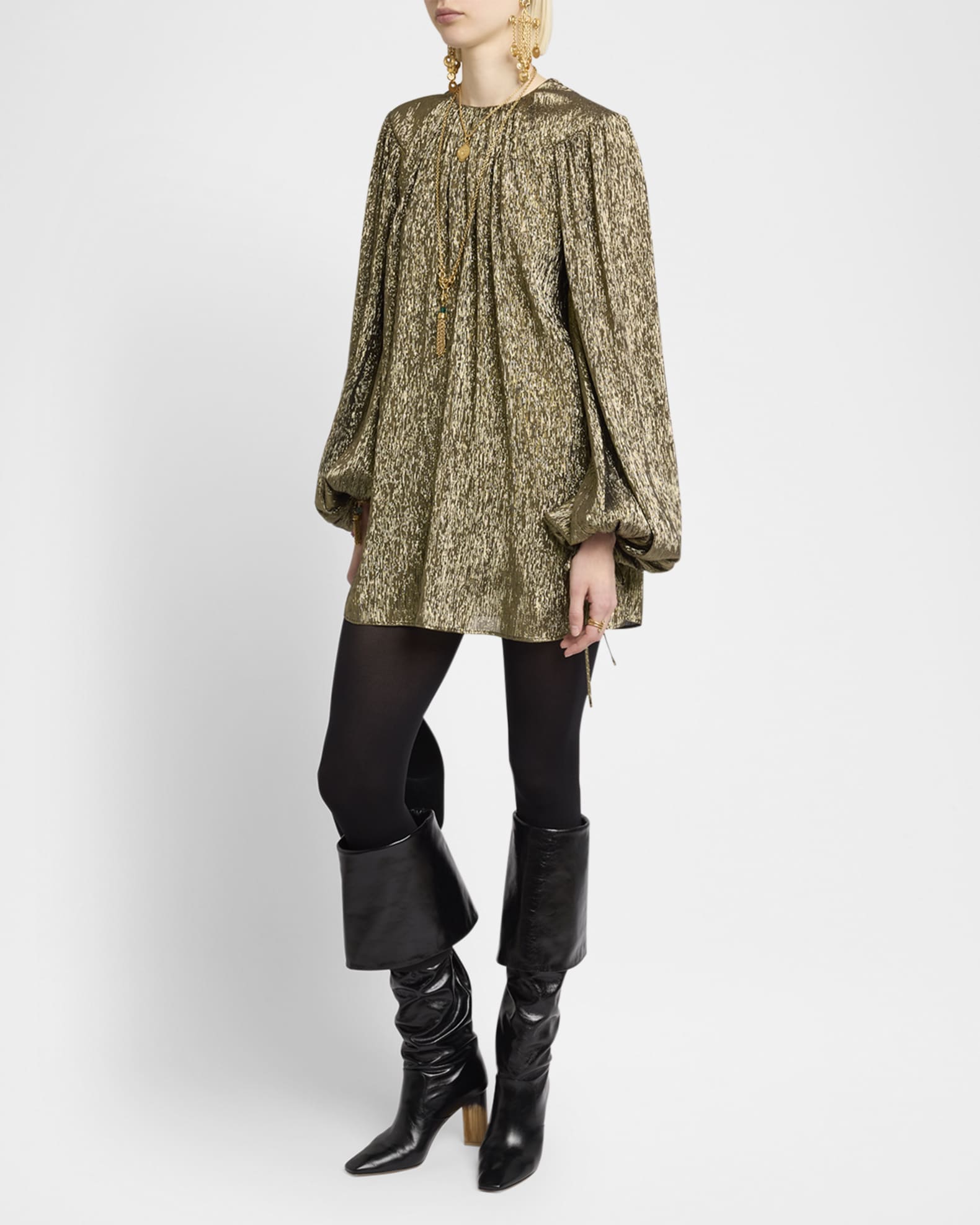 Balloon-Sleeve Metallic Silk Mini Dress 1