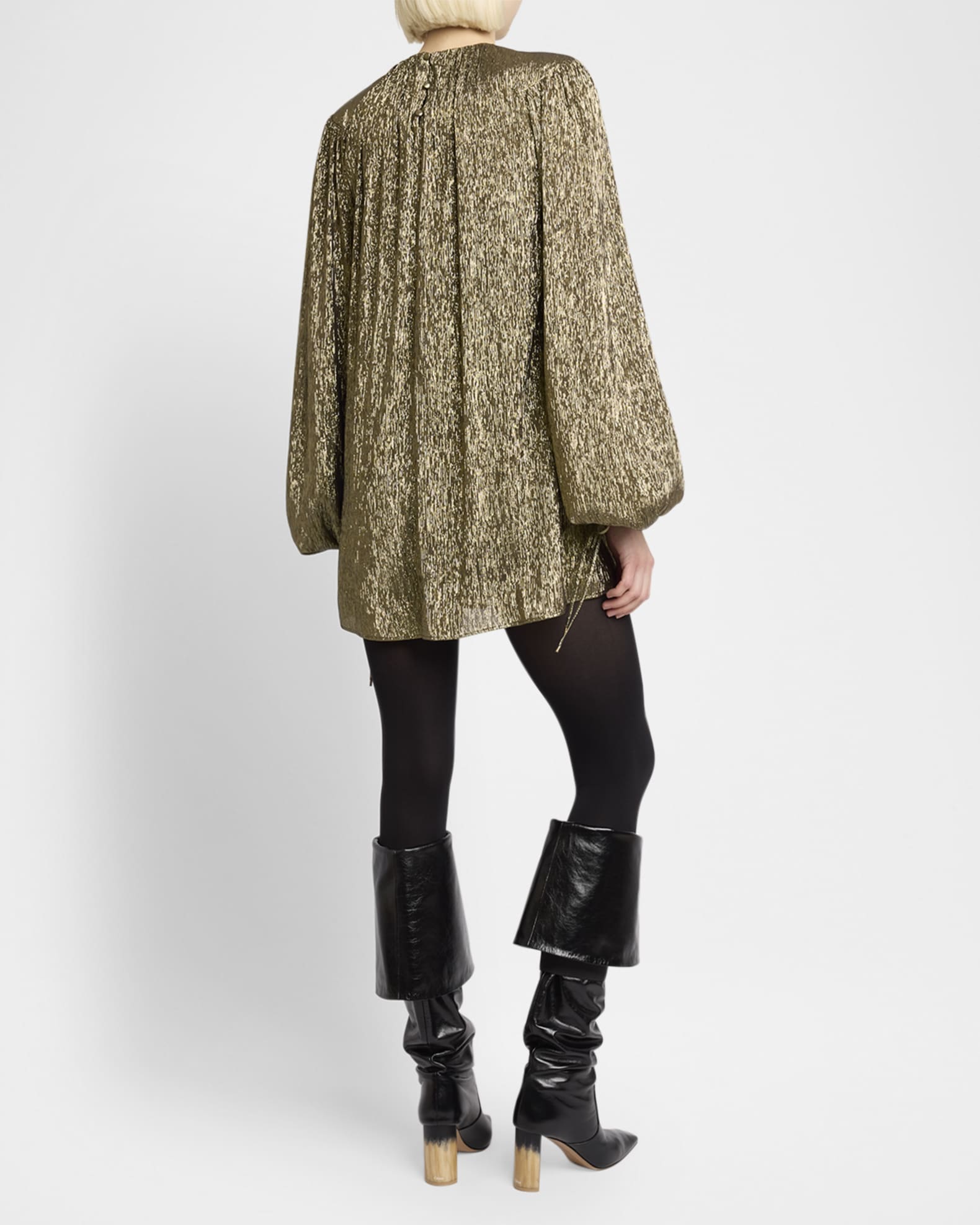 Chloe Balloon-Sleeve Metallic Silk Mini Dress | Neiman Marcus