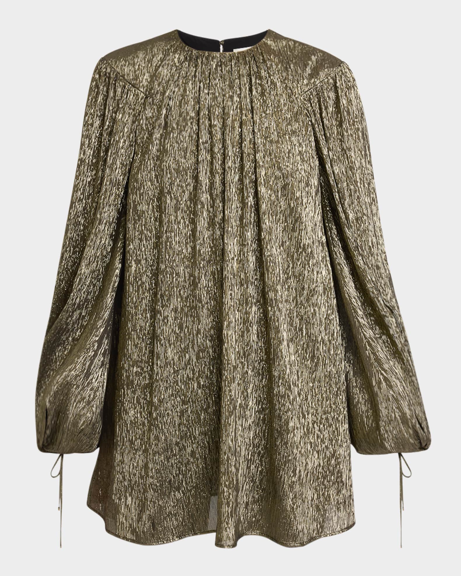 Balloon-Sleeve Metallic Silk Mini Dress 0