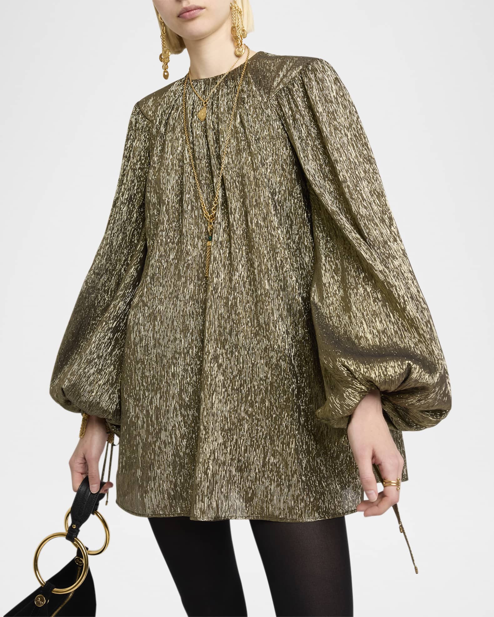 Chloe Balloon-Sleeve Metallic Silk Mini Dress | Neiman Marcus
