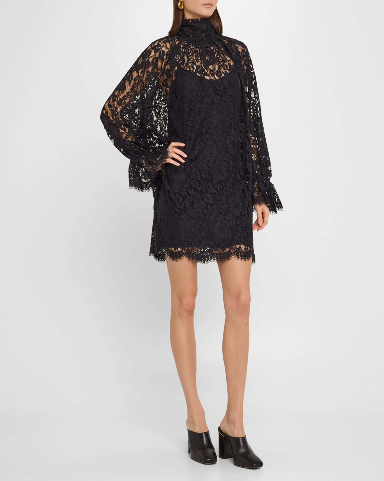 Chloe Turtleneck Long-Sleeve Lace Shift Dress | Neiman Marcus