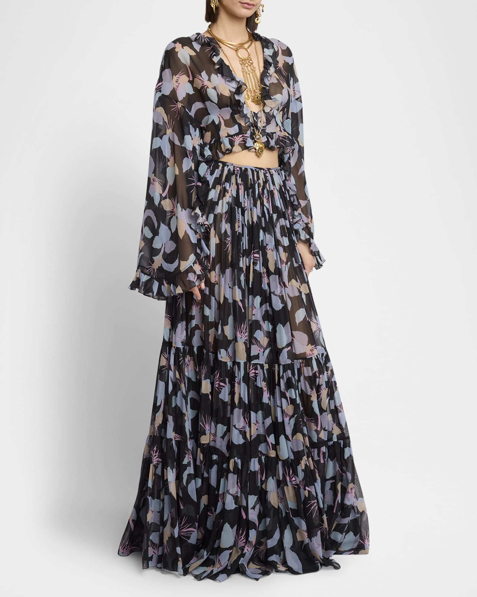 Floral Silk Ruffle Long-Sleeve Crop Top 1