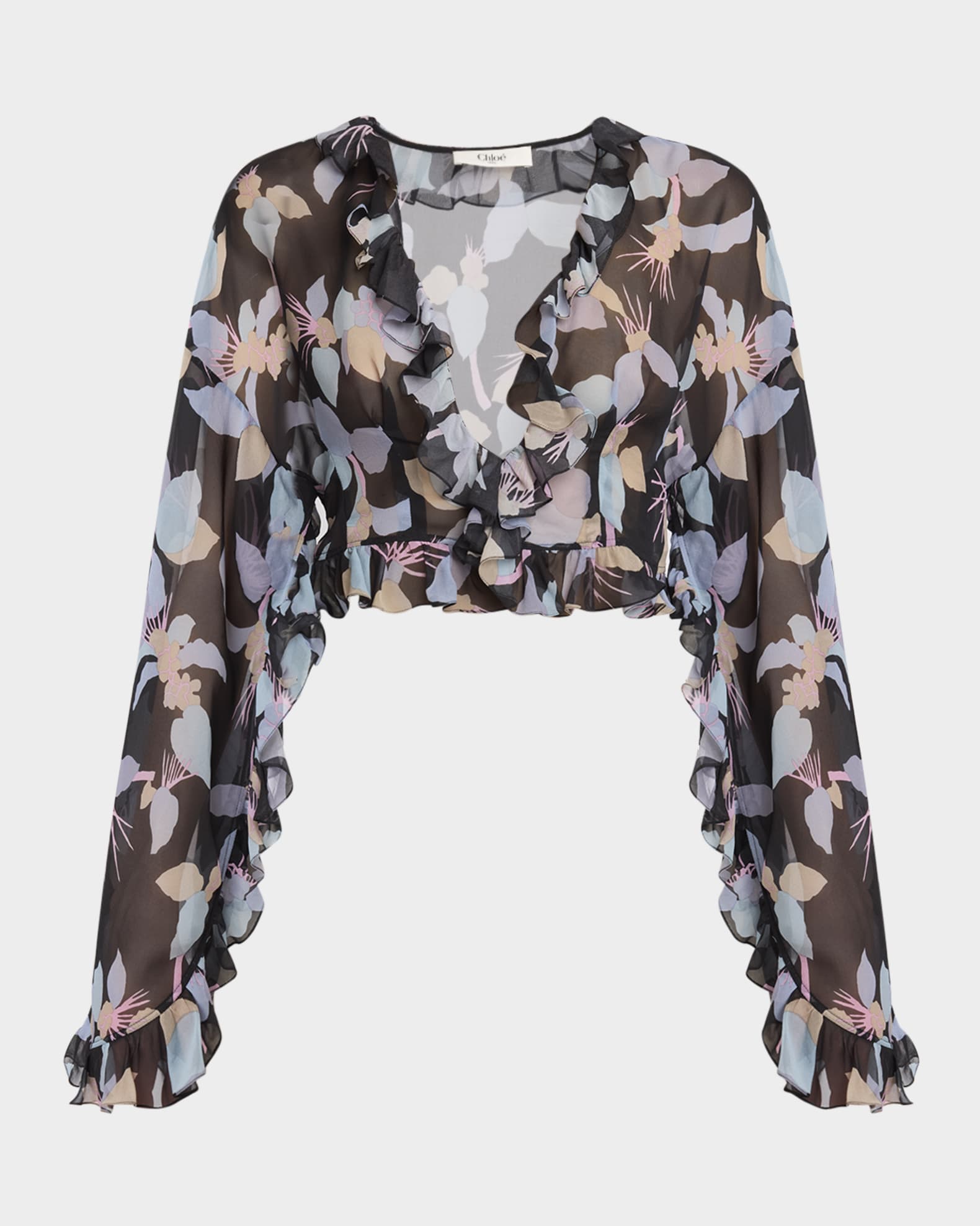 Floral Silk Ruffle Long-Sleeve Crop Top 0
