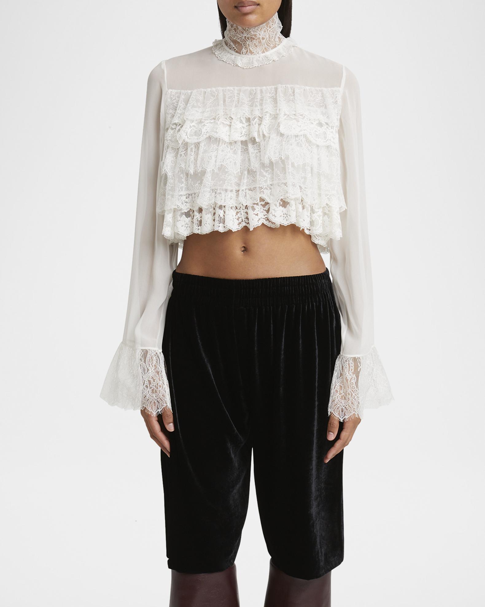 Chloe Lace Ruffle Long-Sleeve Silk Crop Top | Neiman Marcus