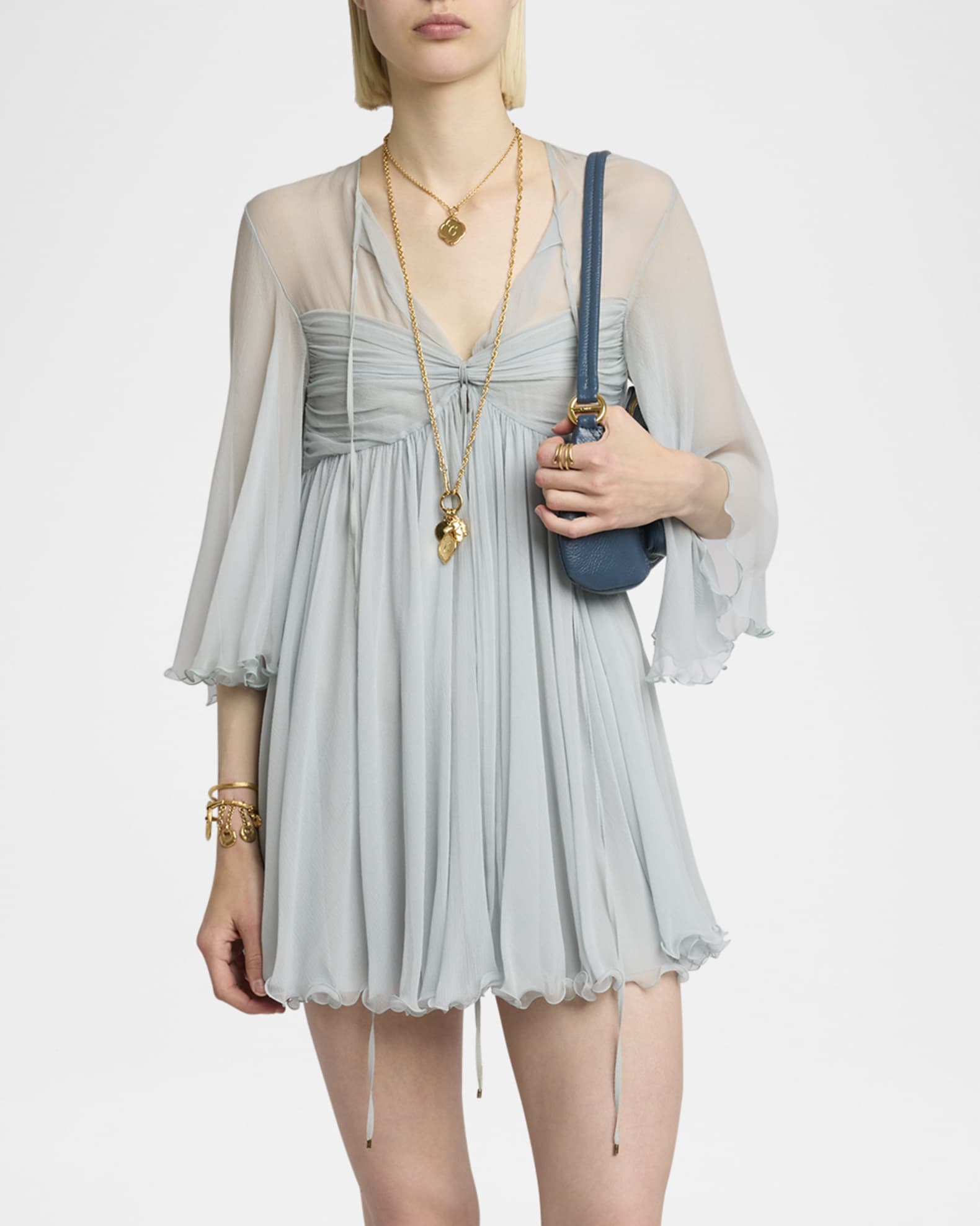 Chloe Twisted Bust 3/4-Sleeve Chiffon Mini Dress | Neiman Marcus Chloe Twisted Bust 3/4-Sleeve Chiffon Mini Dress | Neiman Marcus