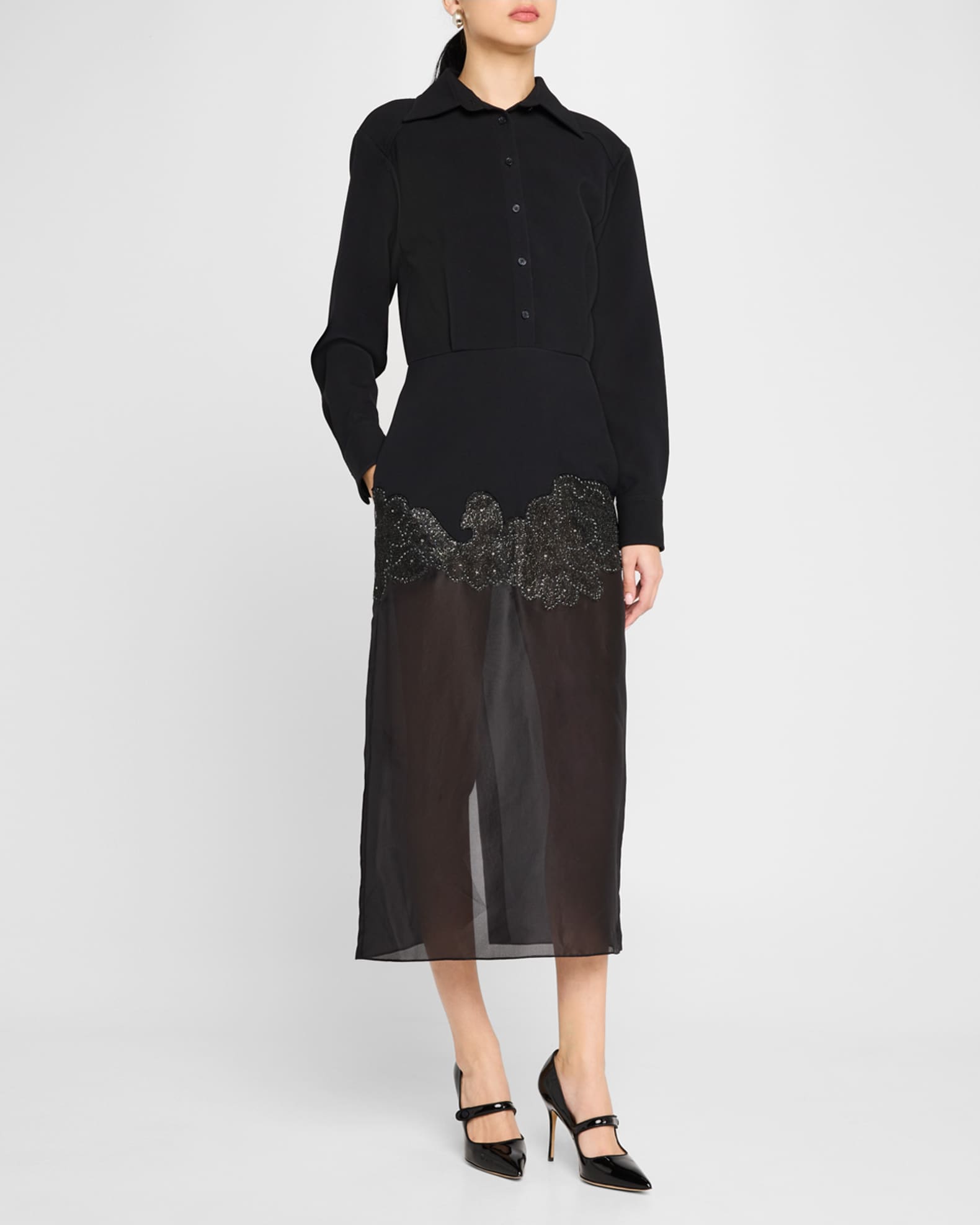 Amelie Embroidered Sheer-Skirt Midi Shirtdress 1