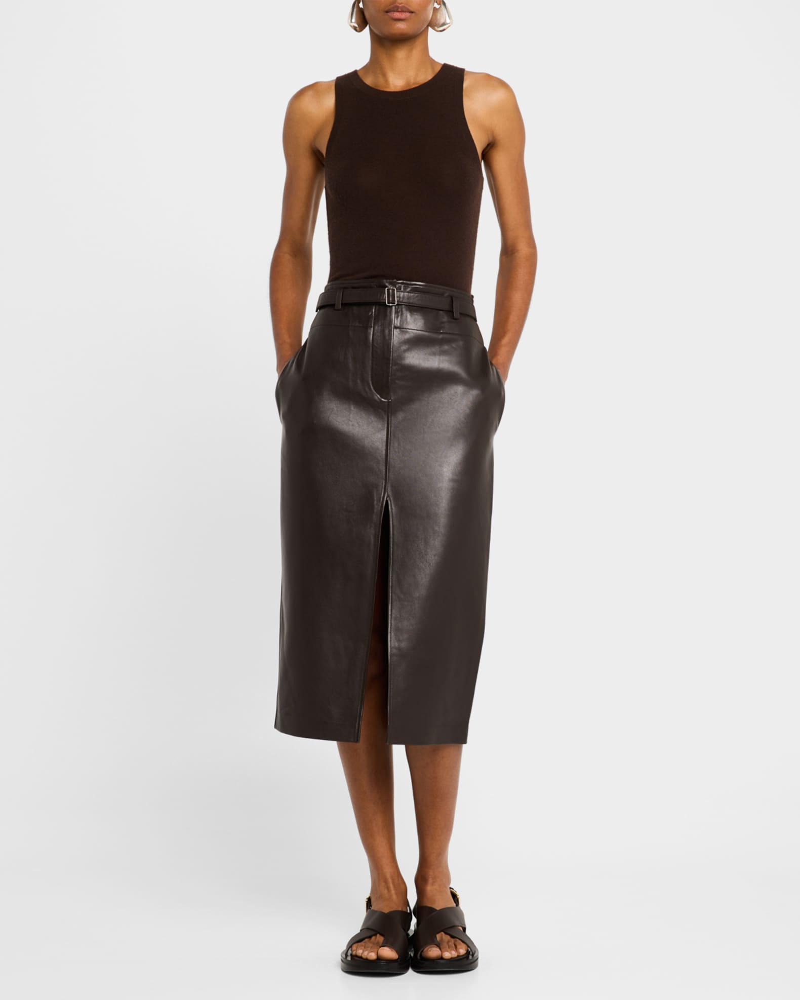 Leather Belted Front Split Midi Skirt 1