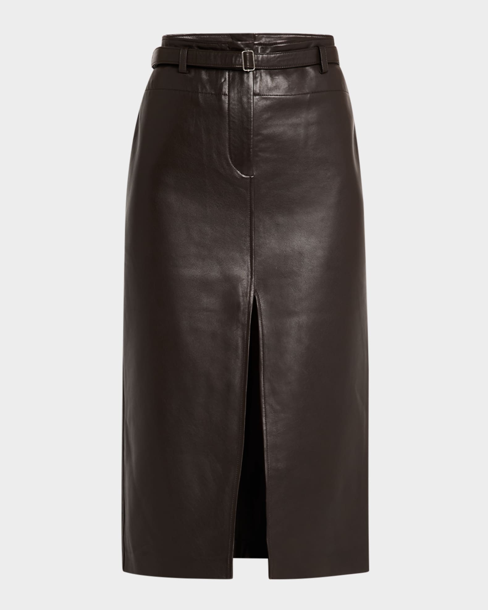 Leather Belted Front Split Midi Skirt 0