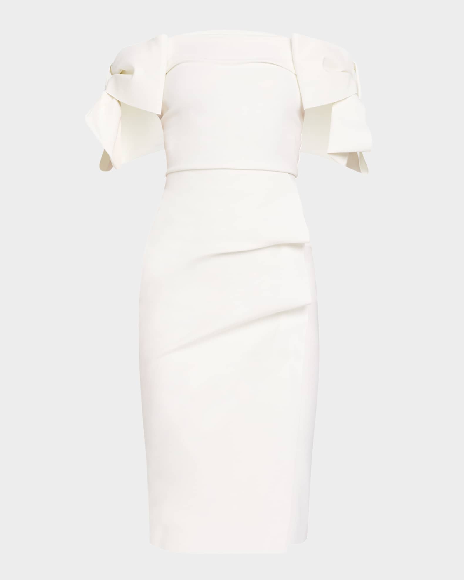 Bunjiree Off-Shoulder Bow Midi Sheath Dress 0