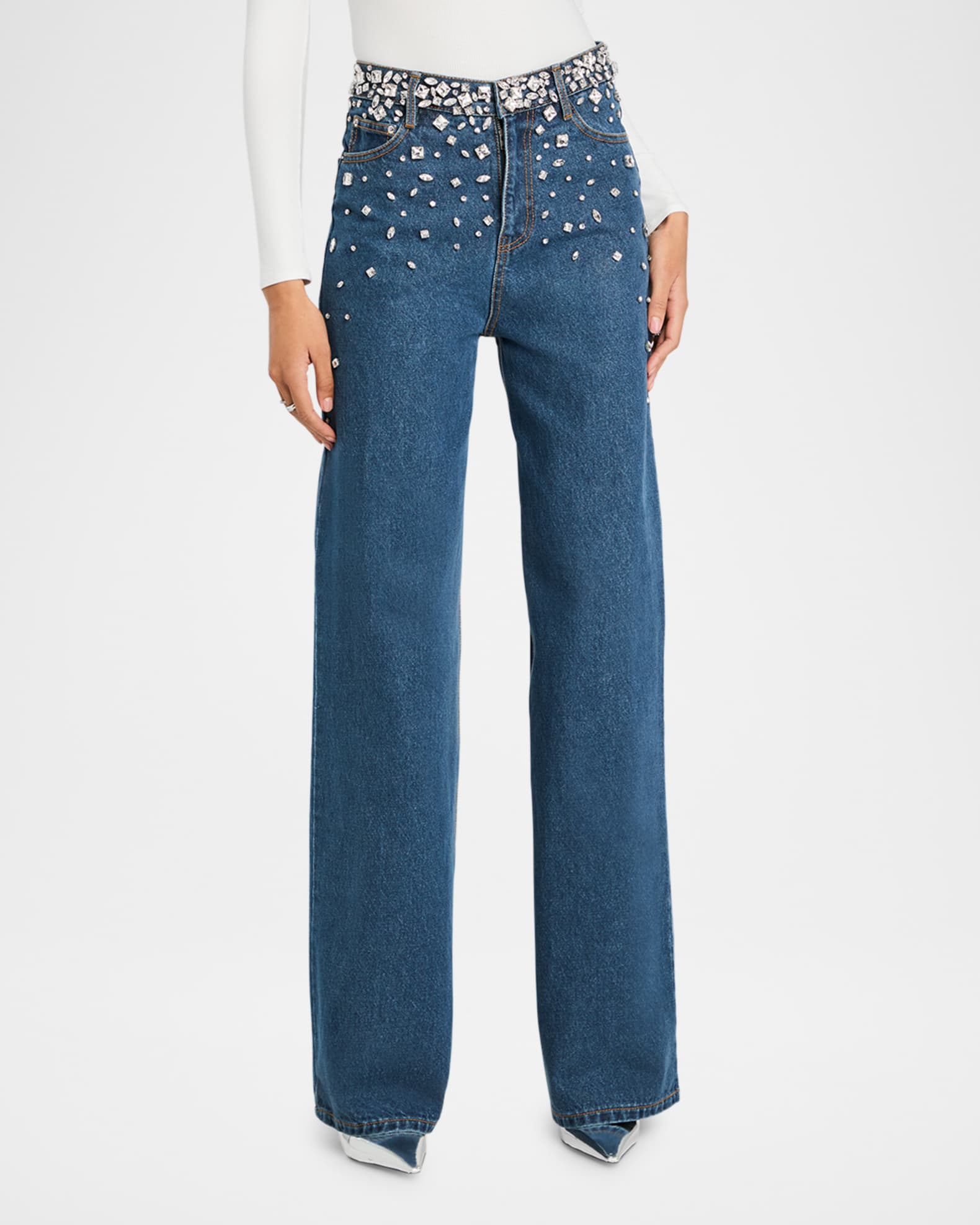 Jenna Embellished Wide-Leg Jeans 0