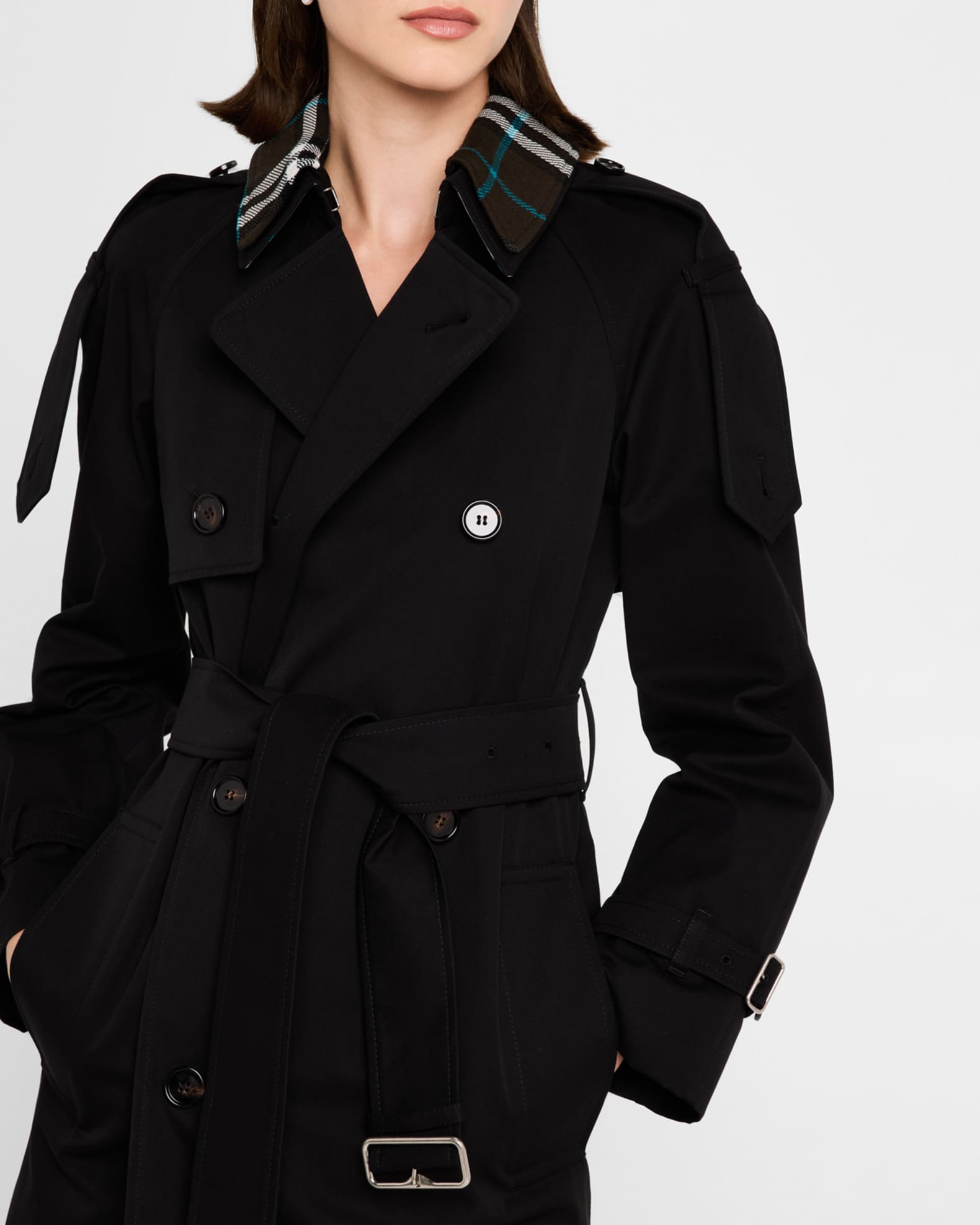 Burberry Check Collar Double-Breasted Trench Coat | Neiman